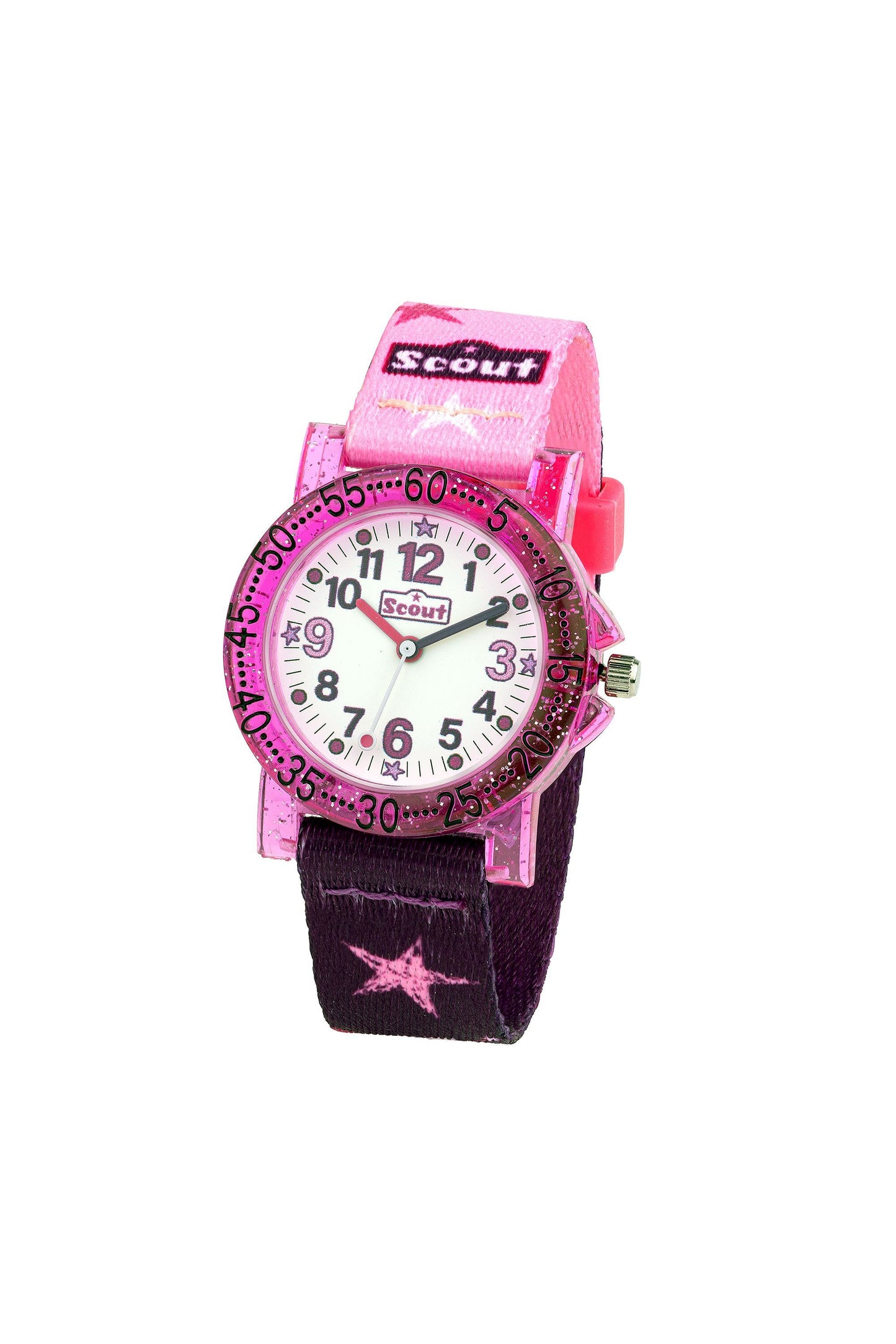 Scout Kinderuhr mit rosa-lilanem Textilband, Einhorn-Motiven und weißem Lernzifferblatt
