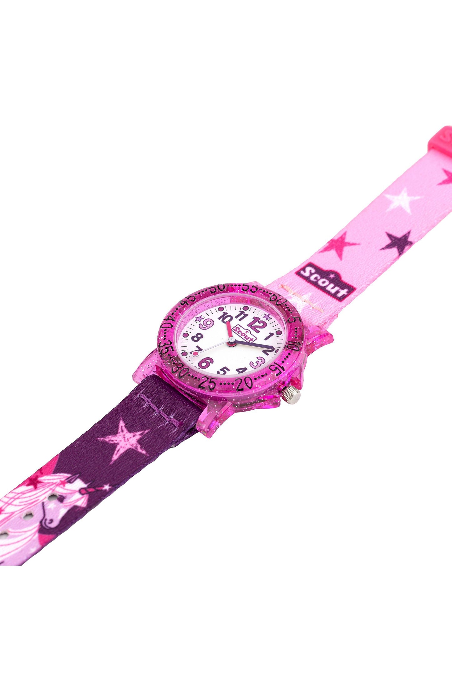 Detail der Kinderuhr mit silbernem Gehäuse, bunten Zahlen und Einhorn auf dem Armband
