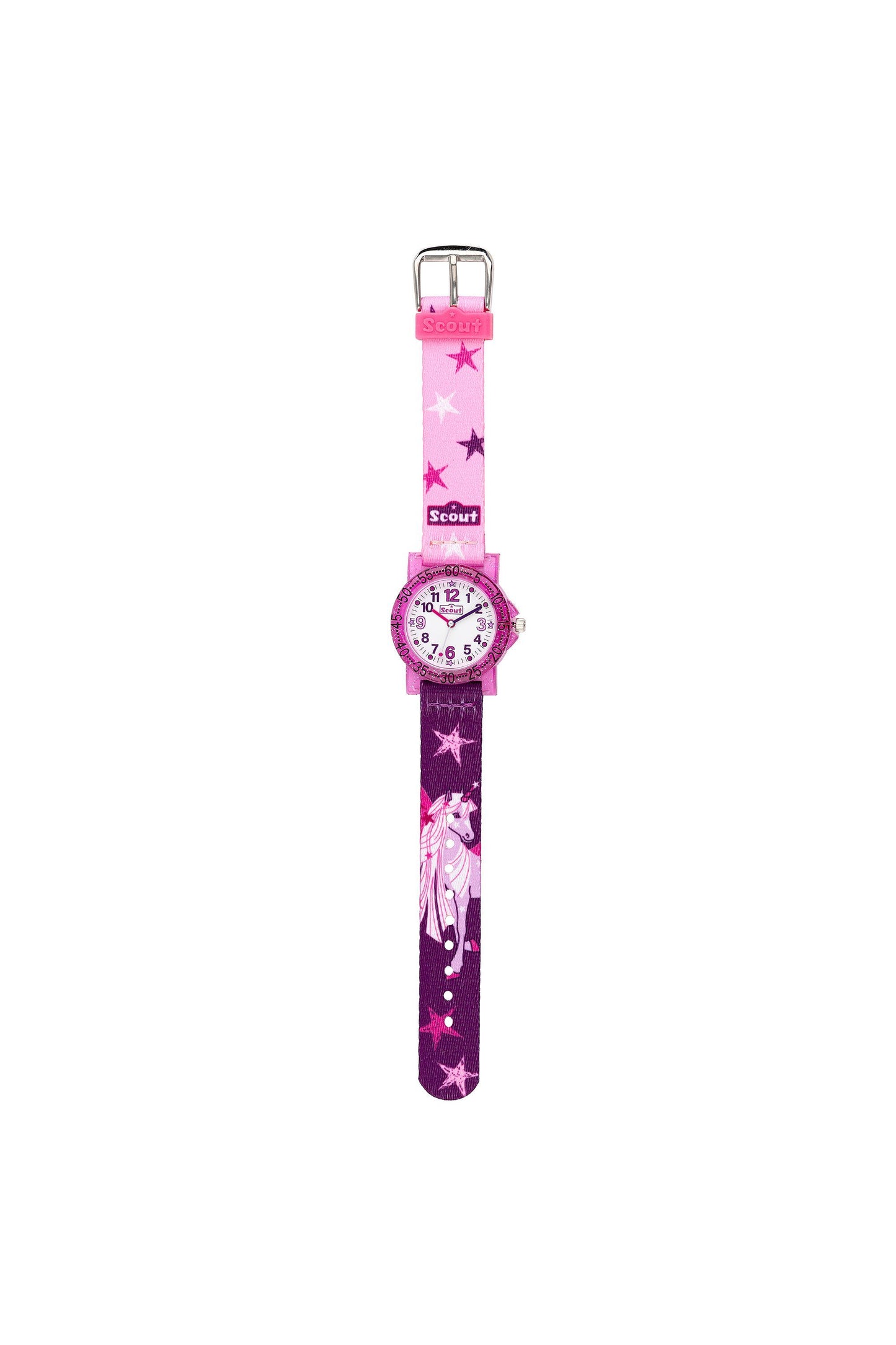 Rosa-lilane Scout Kinderuhr mit Einhorn-Design und farbigem Textilband