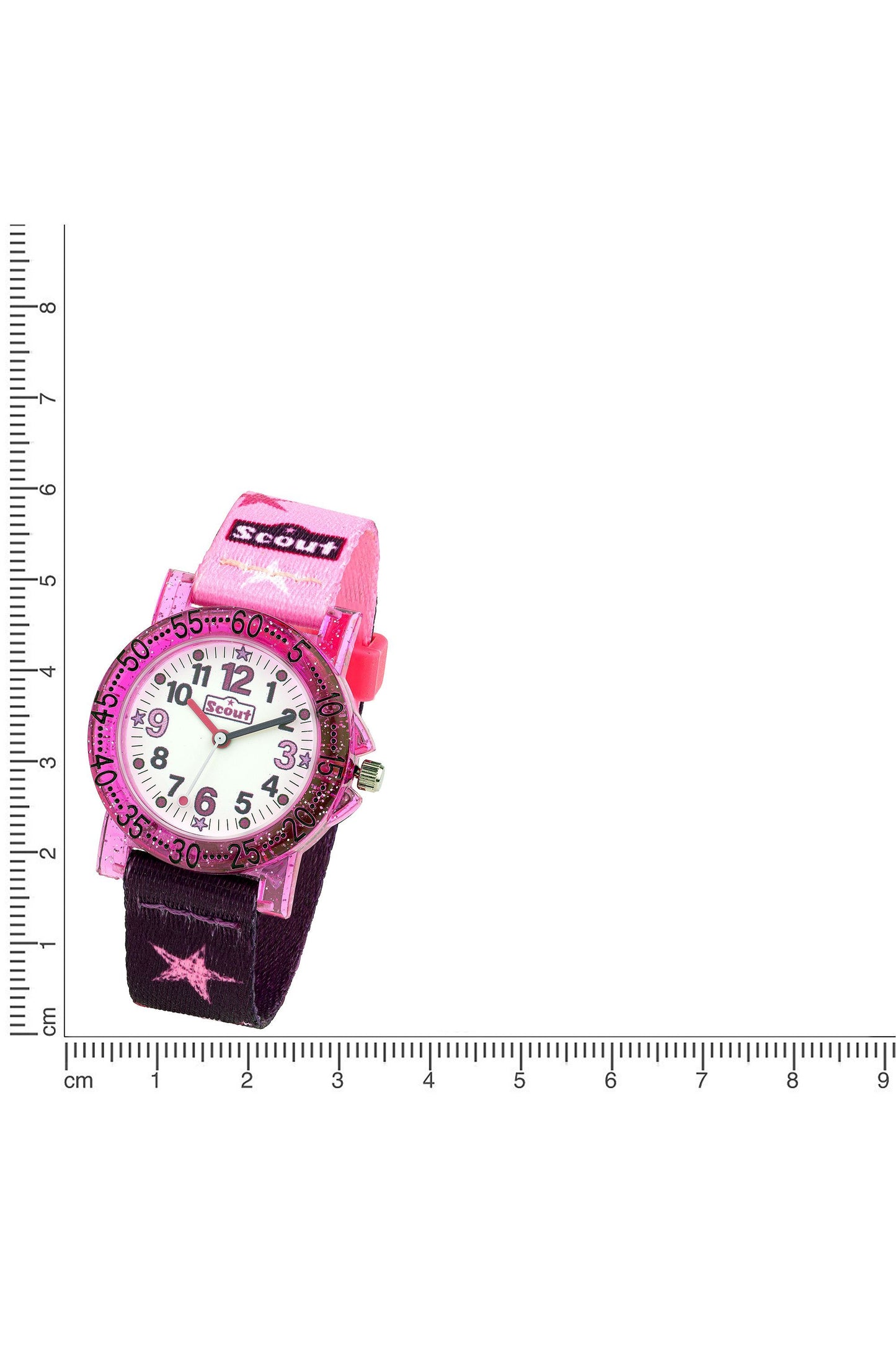 Scout Kinderuhr mit rosa-lilanem Textilband, Einhorn-Motiven und weißem Lernzifferblatt neben einem Lineal zur Größendarstellung