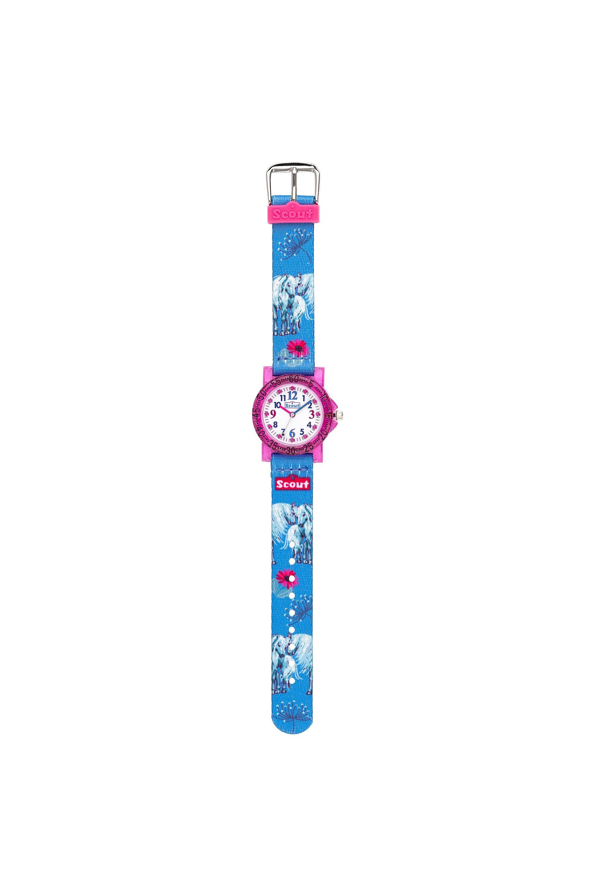 Hellblaue Scout Kinderuhr mit Pferde-Design und farbigem Textilarmband für kleine Pferdefans
