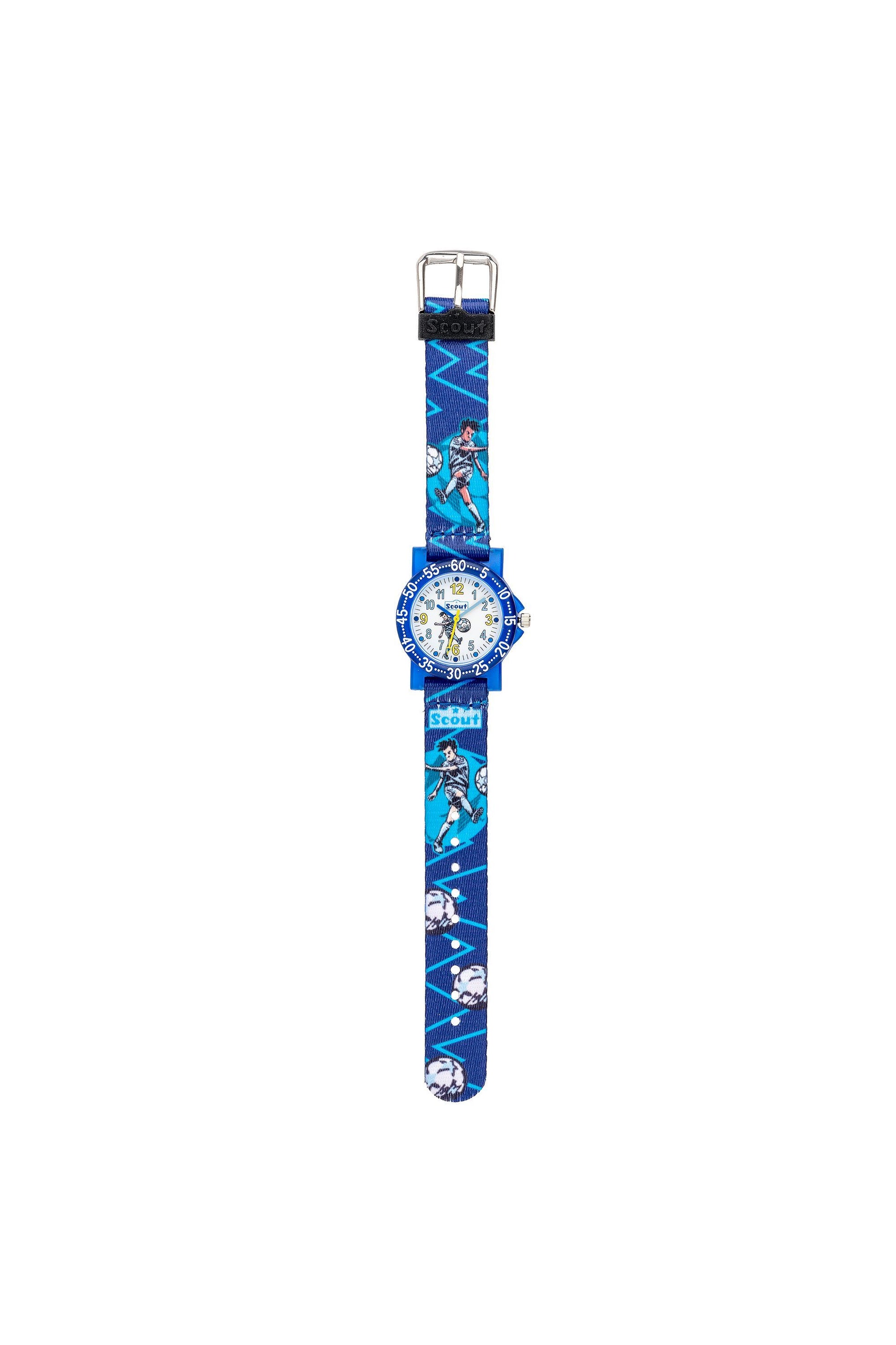 Sportliche Scout Kinderuhr mit Fußball-Motiven und blauem Armband 