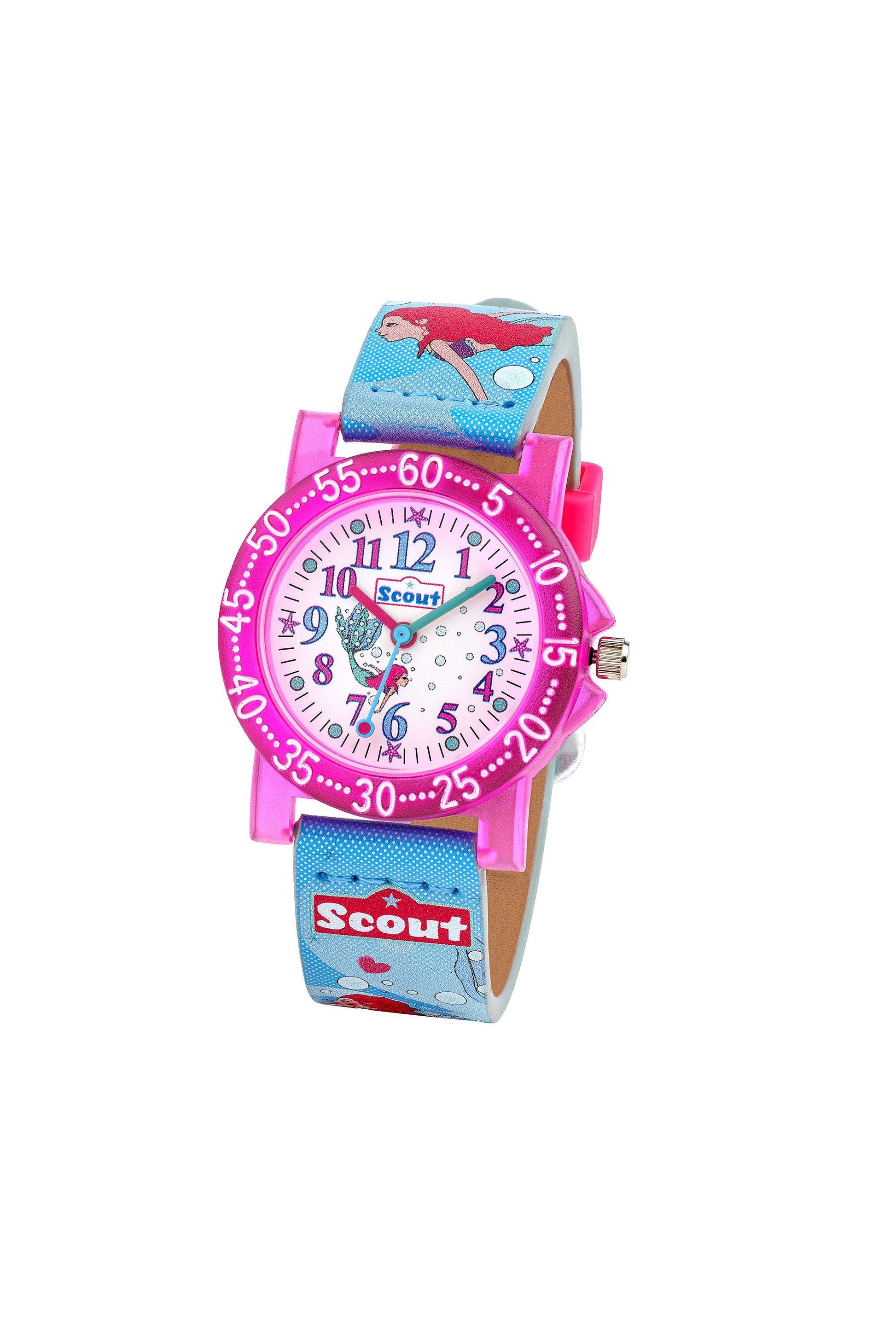 Scout Kinderuhr mit pink-hellblauem Textilband, Meerjungfrau-Motiven und weißem Lernzifferblatt