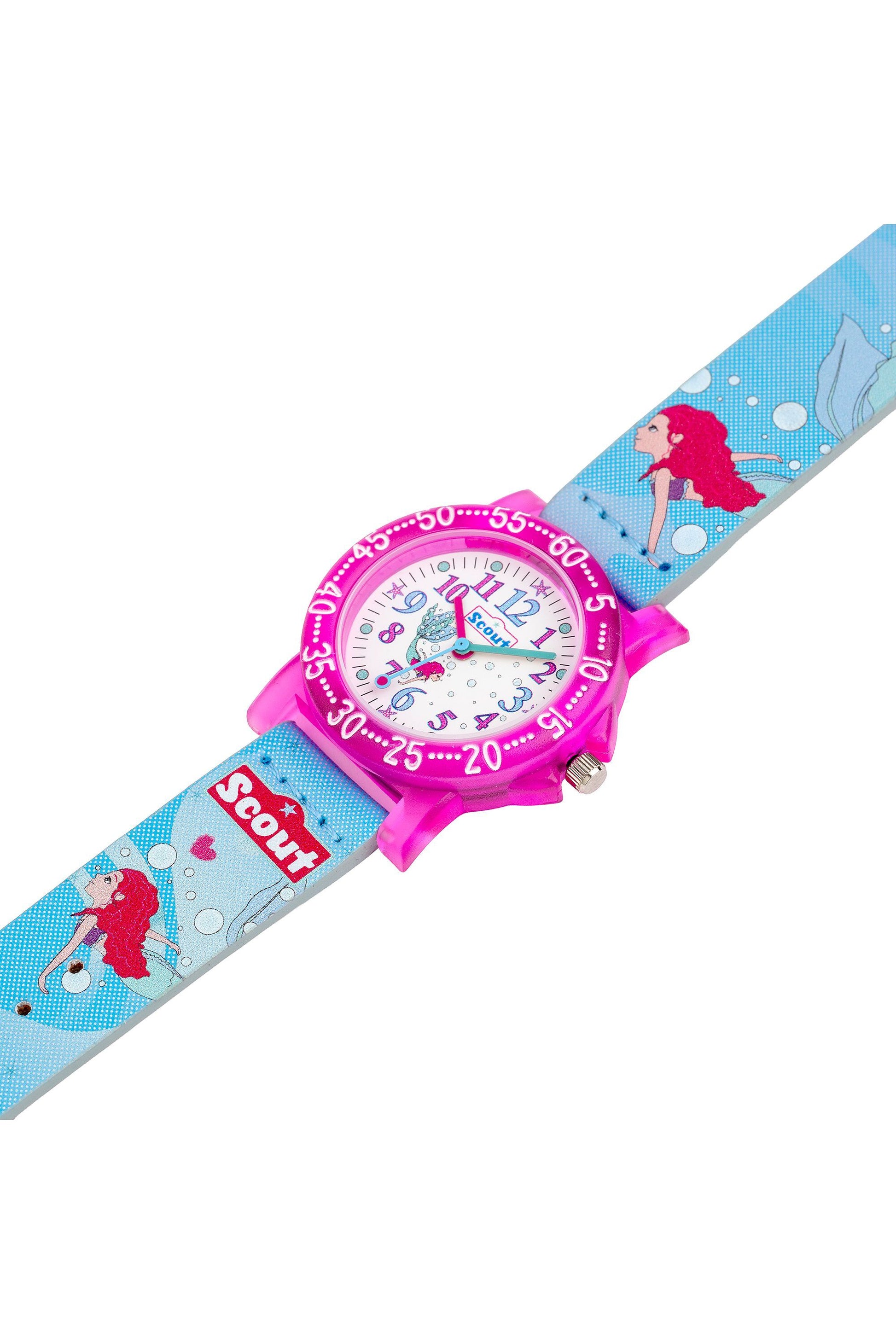 Kinderuhr mit silbernem Gehäuse, bunten Zahlen und Meerjungfrau auf dem Armband