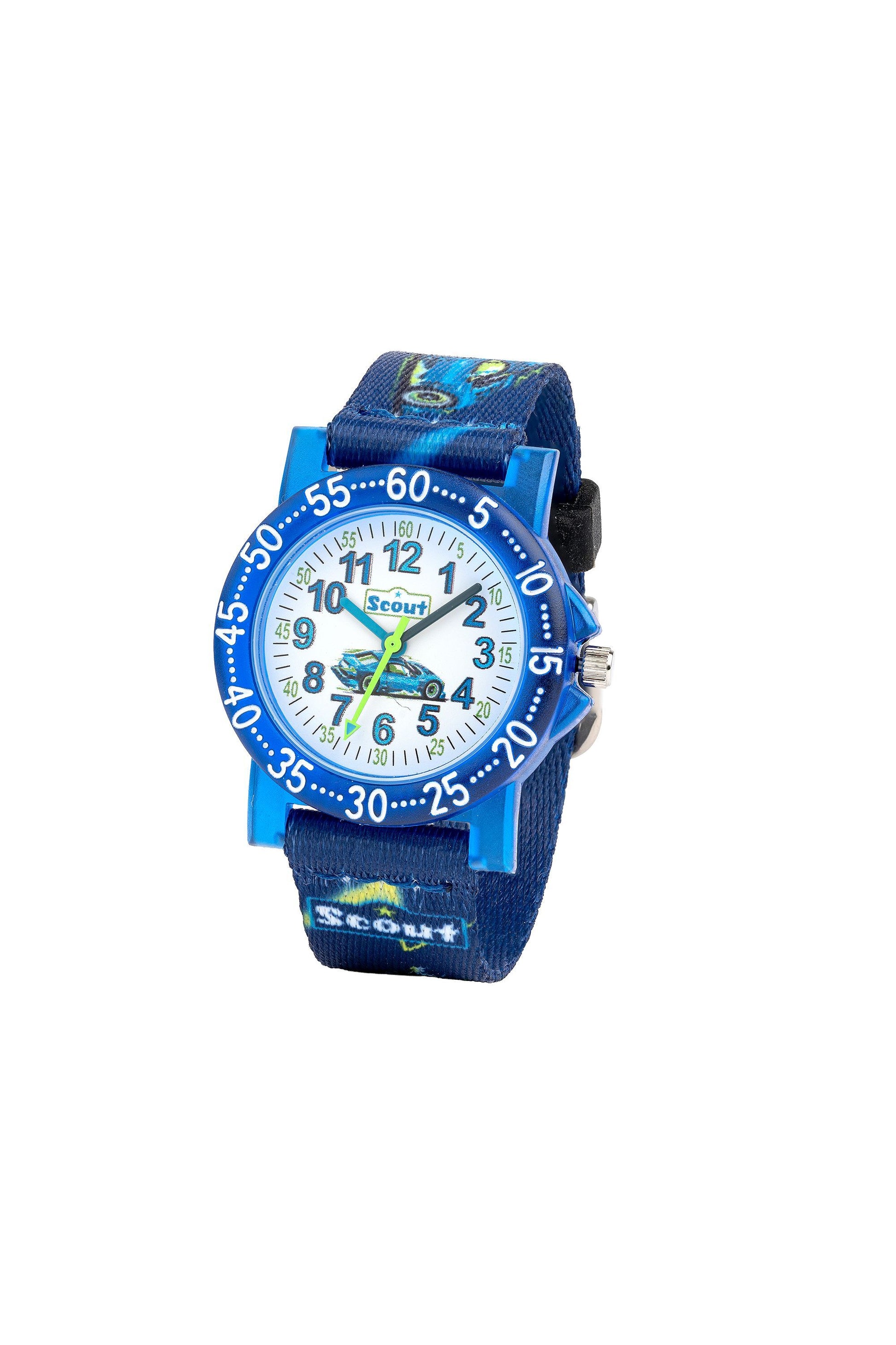 Scout Kinderuhr mit grün-blauem Textilband, Rennwagen-Motiven und weißem Lernzifferblatt
