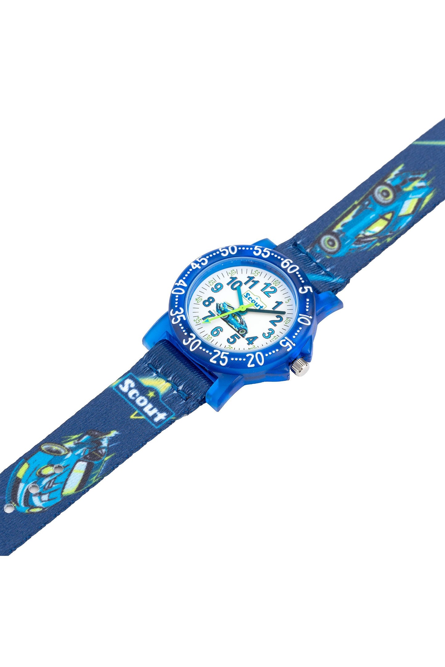 Detail der Kinderuhr mit silbernem Gehäuse, bunten Zahlen und sportlichen Auto-Motiven