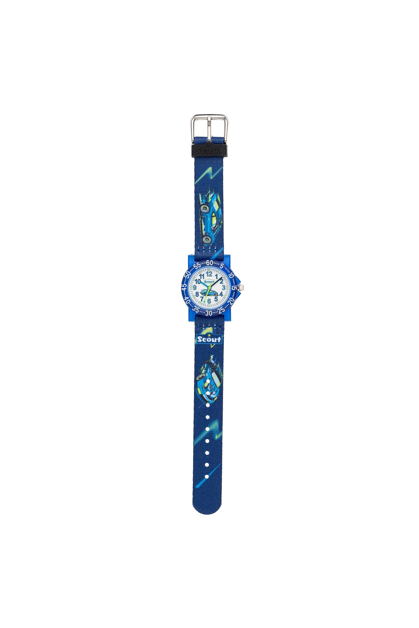Sportliche Scout Kinderuhr mit grün-blauem Armband und coolen Rennwagen für kleine Autofans