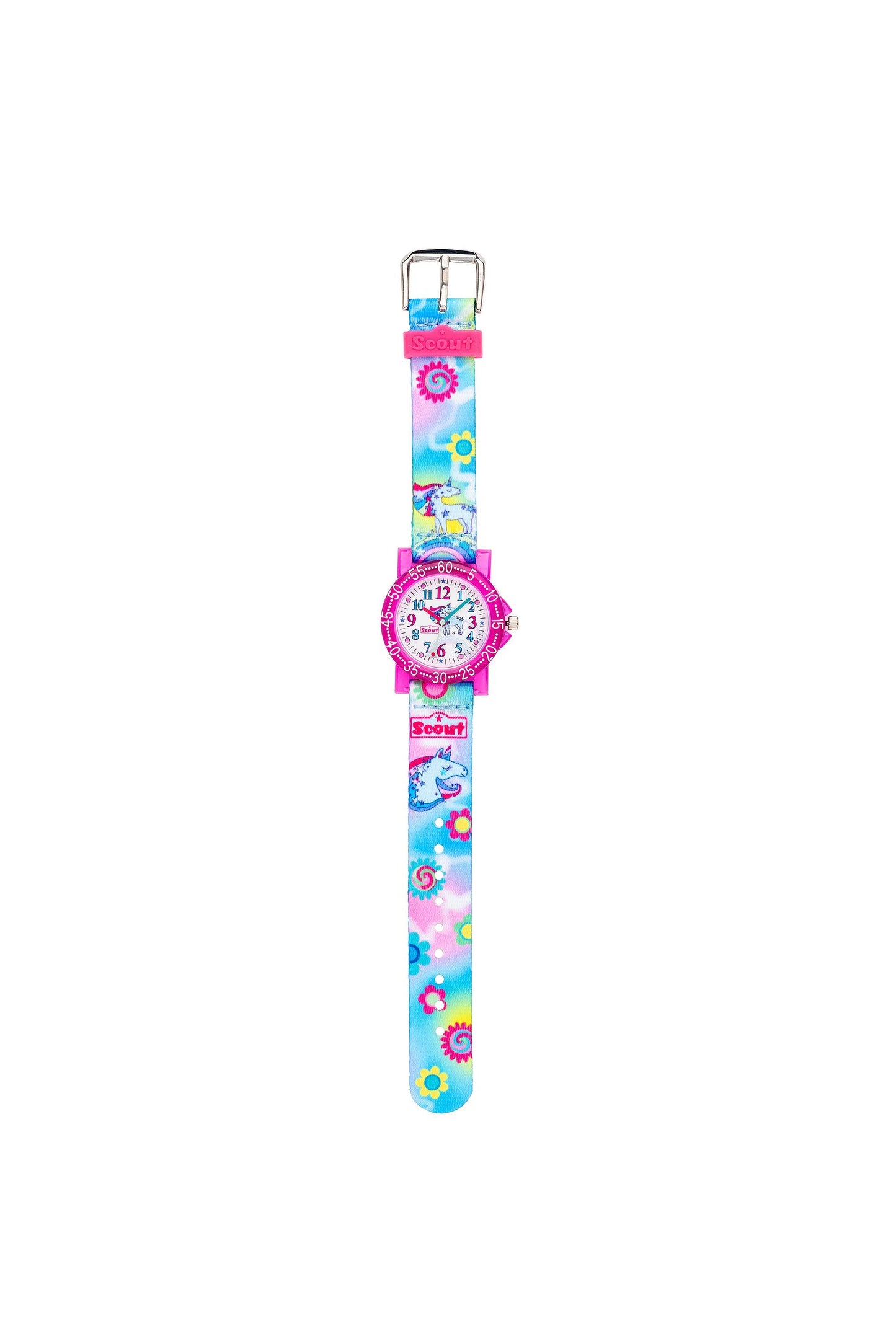 Bunte Scout Kinderuhr mit märchenhaftem Einhorn-Design und farbenfrohem Armband für Kinder