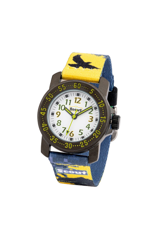 Scout Kinderuhr analog aus der Serie "Action" mit mehrfarbigem Textilband mit Dino-Motiven und Quarzwerk
