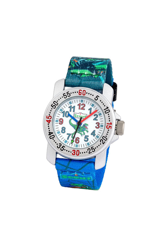 Scout Kinderuhr analog aus der Serie "Action" mit grün blauem Textilband mit Dino-Motiven und Quarzwerk