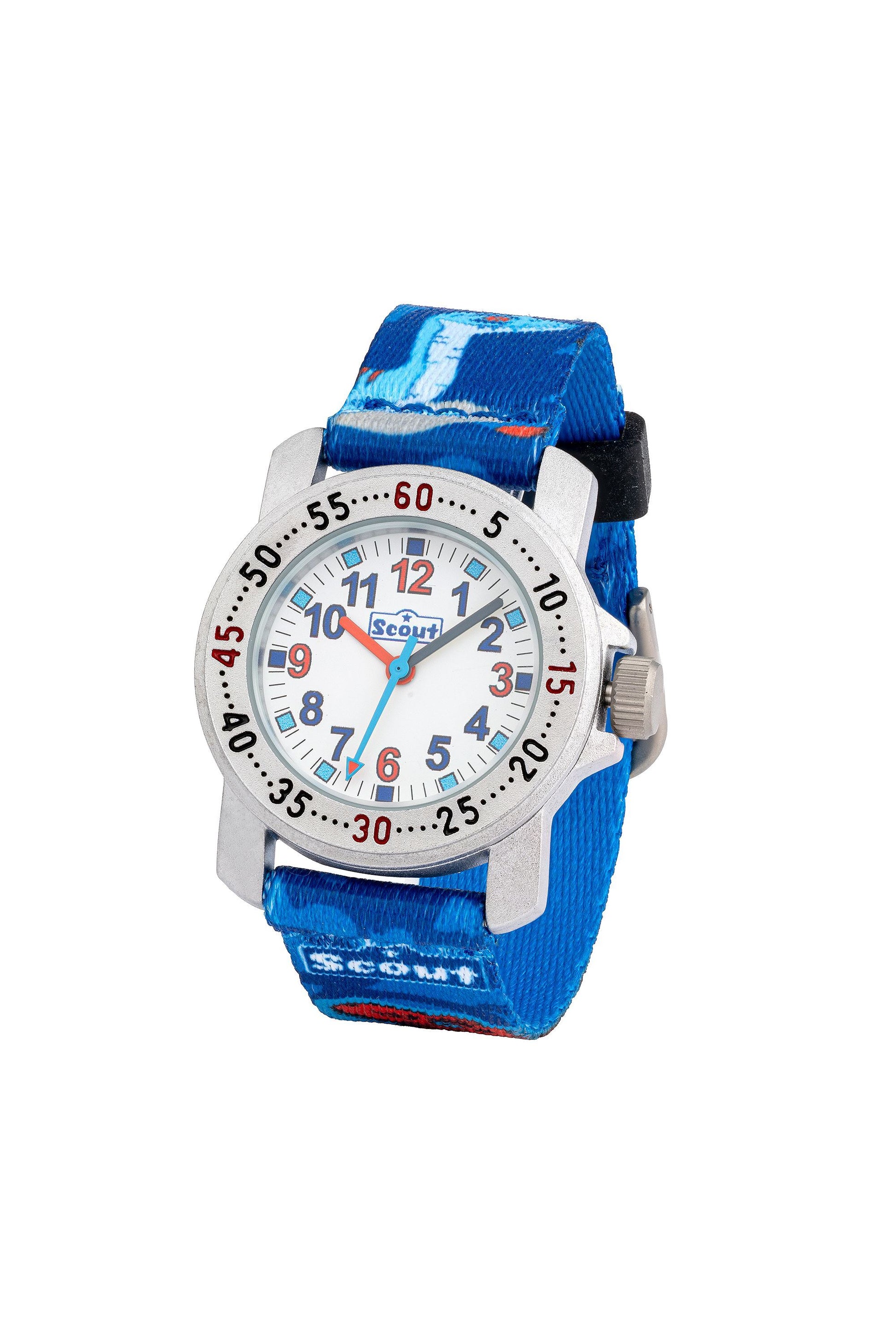 Scout Kinderuhr Action mit blauem Textilband, Dino-Motiven und weißem Lernzifferblatt für Jungen
