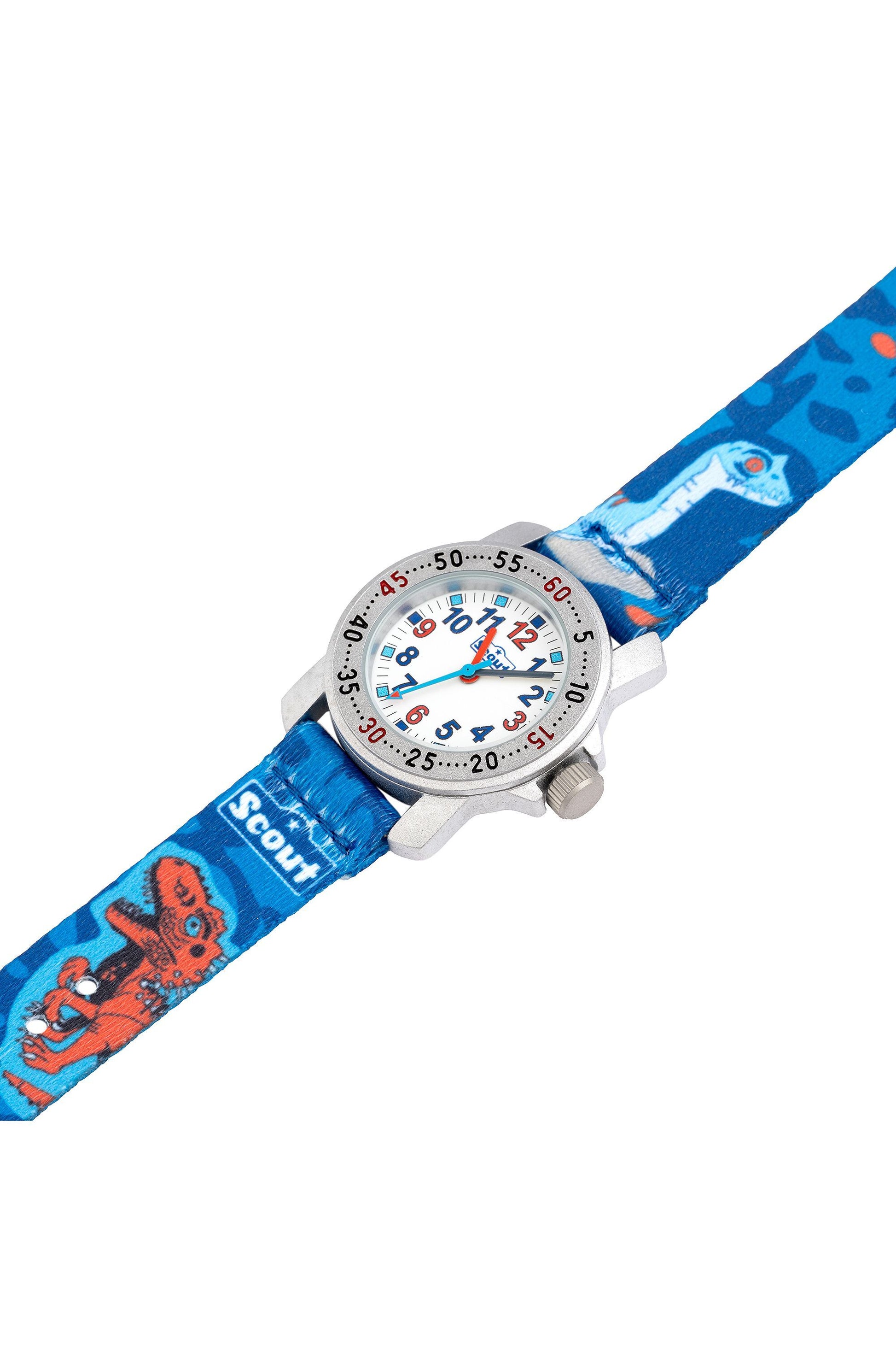 Scout Kinderuhr mit blauem Dino-Textilband, sportliche Jungenuhr im Dino-Look