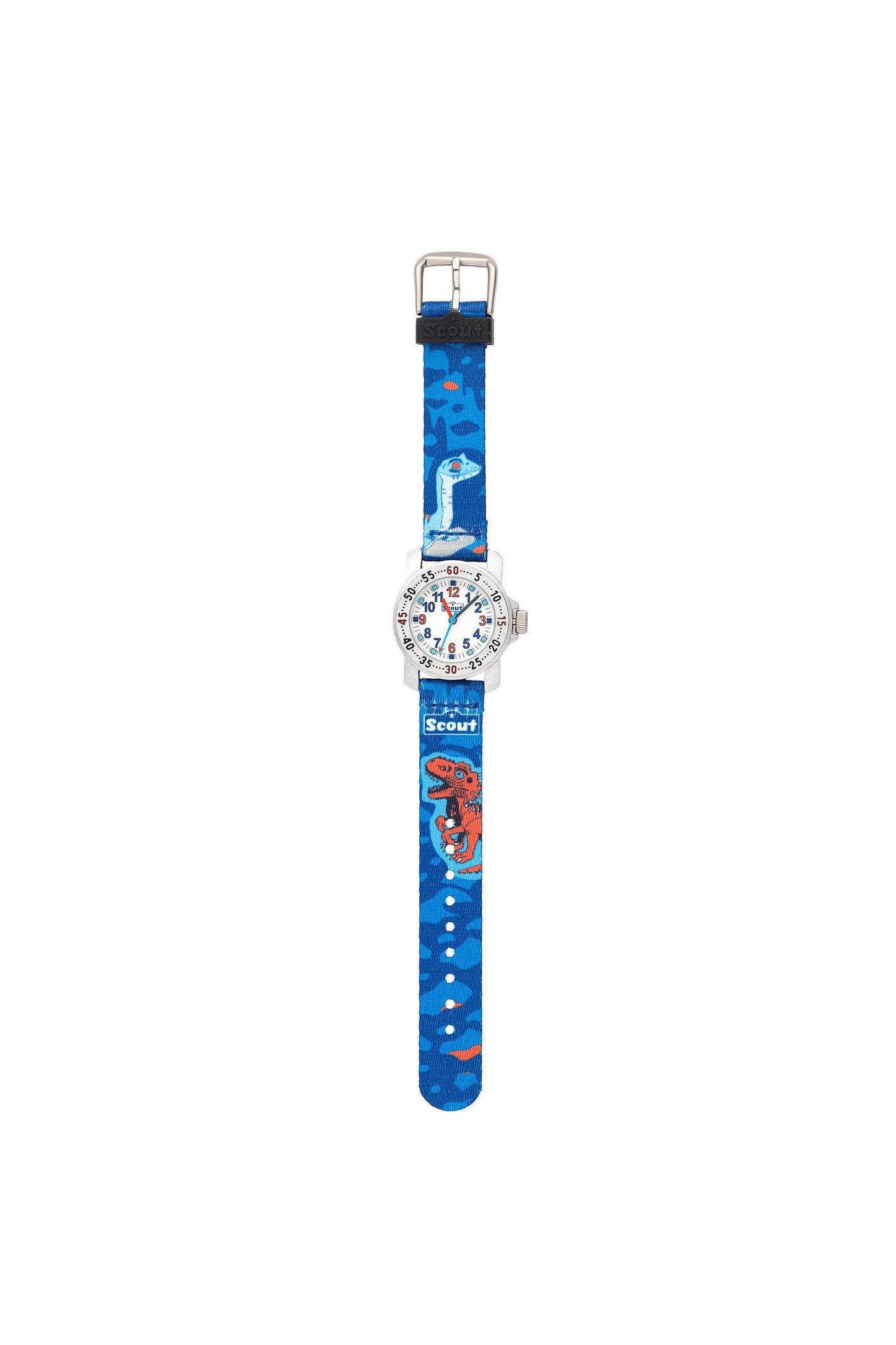 Scout Kinderuhr mit blauem Dino-Textilband, sportliche Jungenuhr im Dino-Look
