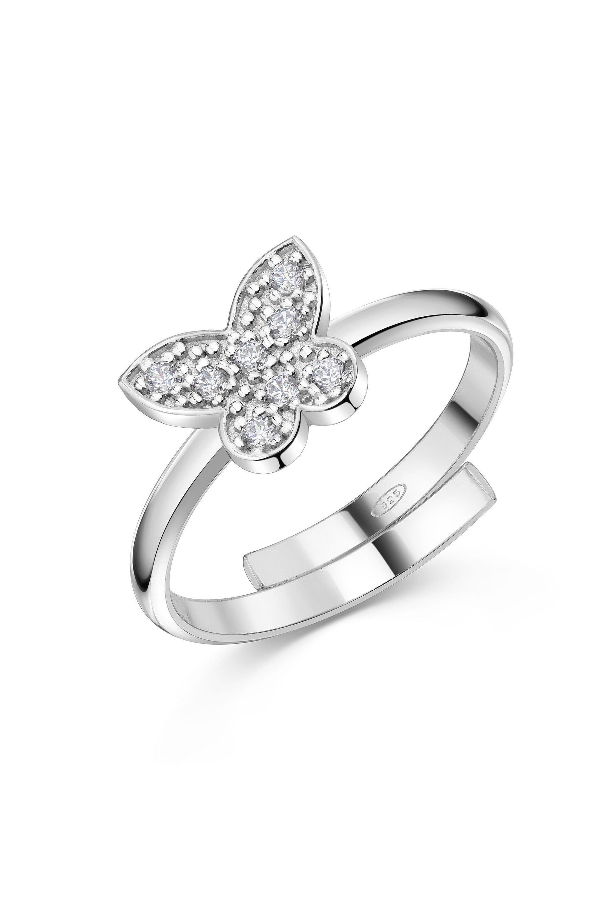 Rhodinierter Scout Ring mit Schmetterling und funkelnden Zirkonia Steinen