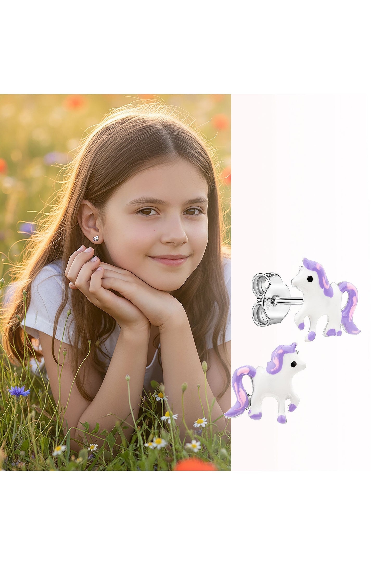 Scout Ohrstecker mit Einhorn Motiv in Lila und Pink neben Bild von Mädchen abgebildet
