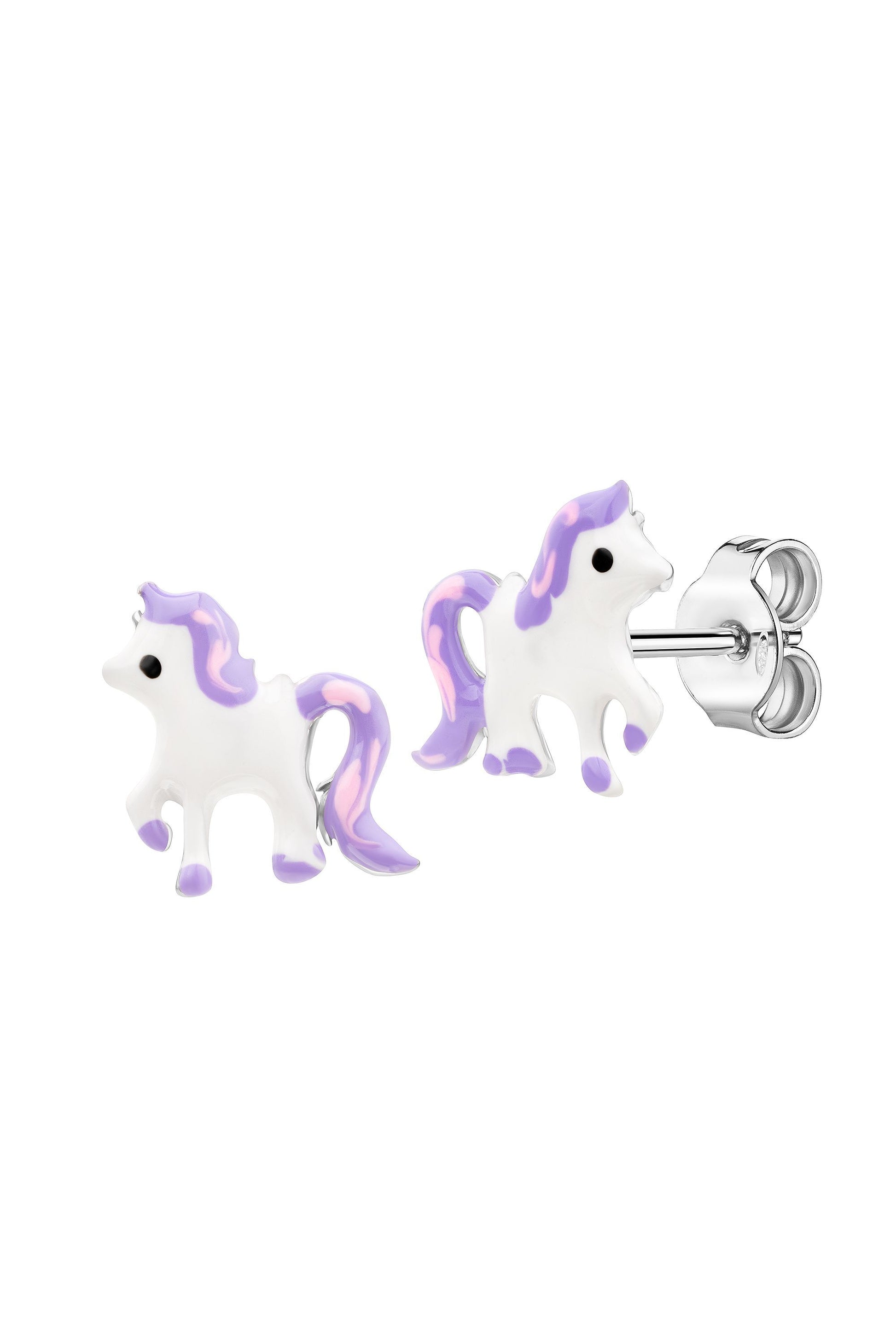 Rhodinierte Scout Ohrringe mit Einhorn Motiv in lila und pinken Farben