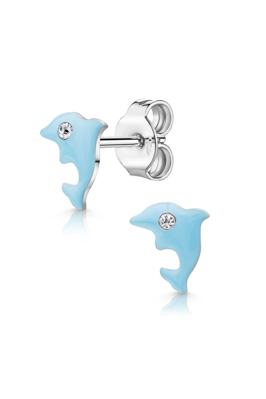 Scout Ohrstecker Silber 925 rhodiniert mit hellblauem Delfin-Motiv und funkelnden Steinen