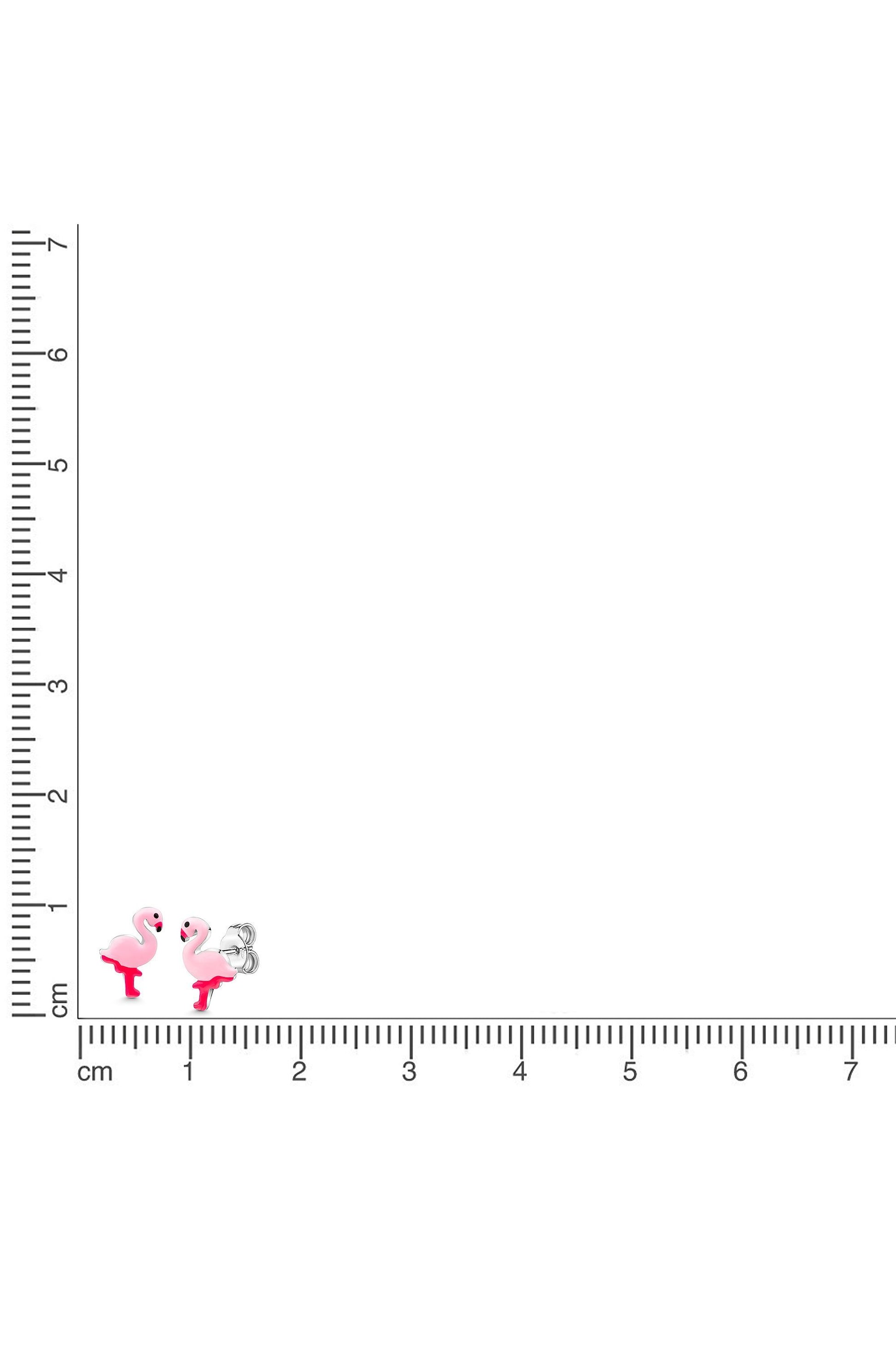 Silberne Scout Flamingo Ohrstecker in Pink neben einem Lineal zur Größendarstellung