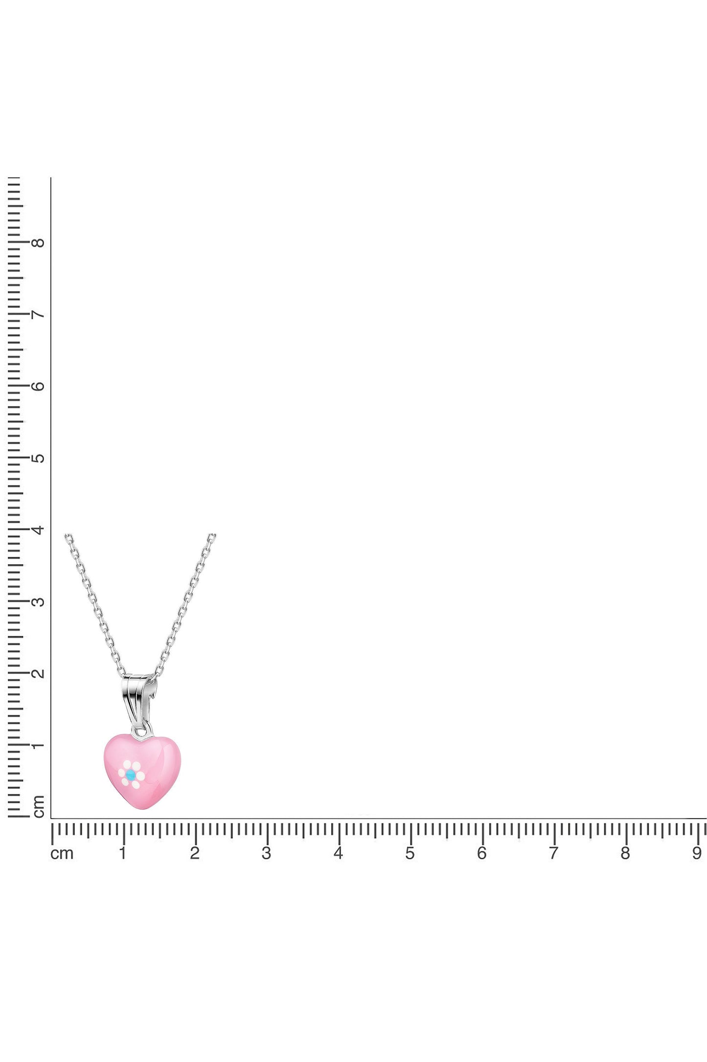 Silberne Scout Kette mit rosa Herz Anhänger neben einem Lineal zur Größendarstellung