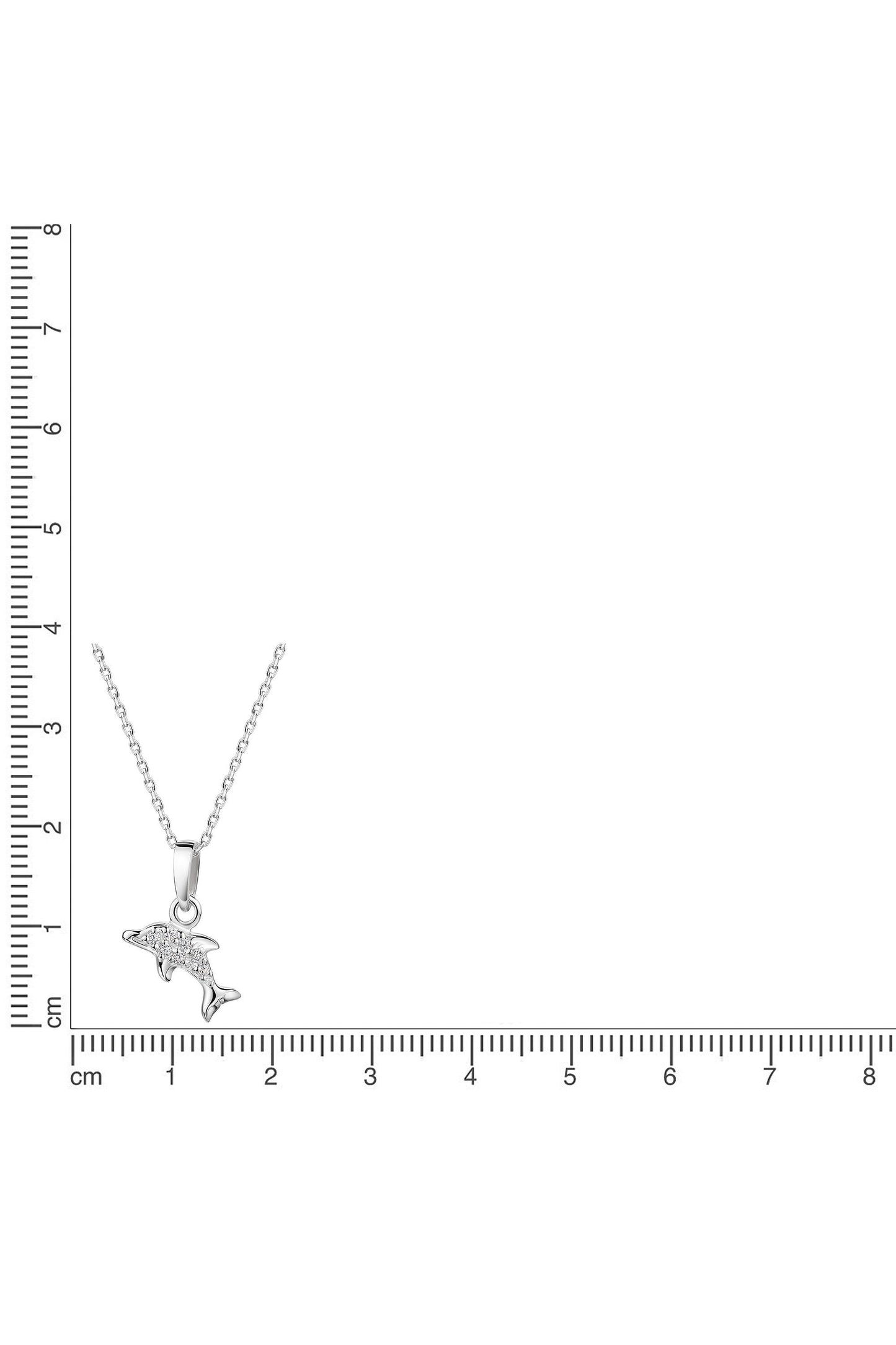 Silberne Scout Kette mit Delfin Motiv und funkelnden Zirkonia Steinen neben einem Lineal zur Größendarstellung