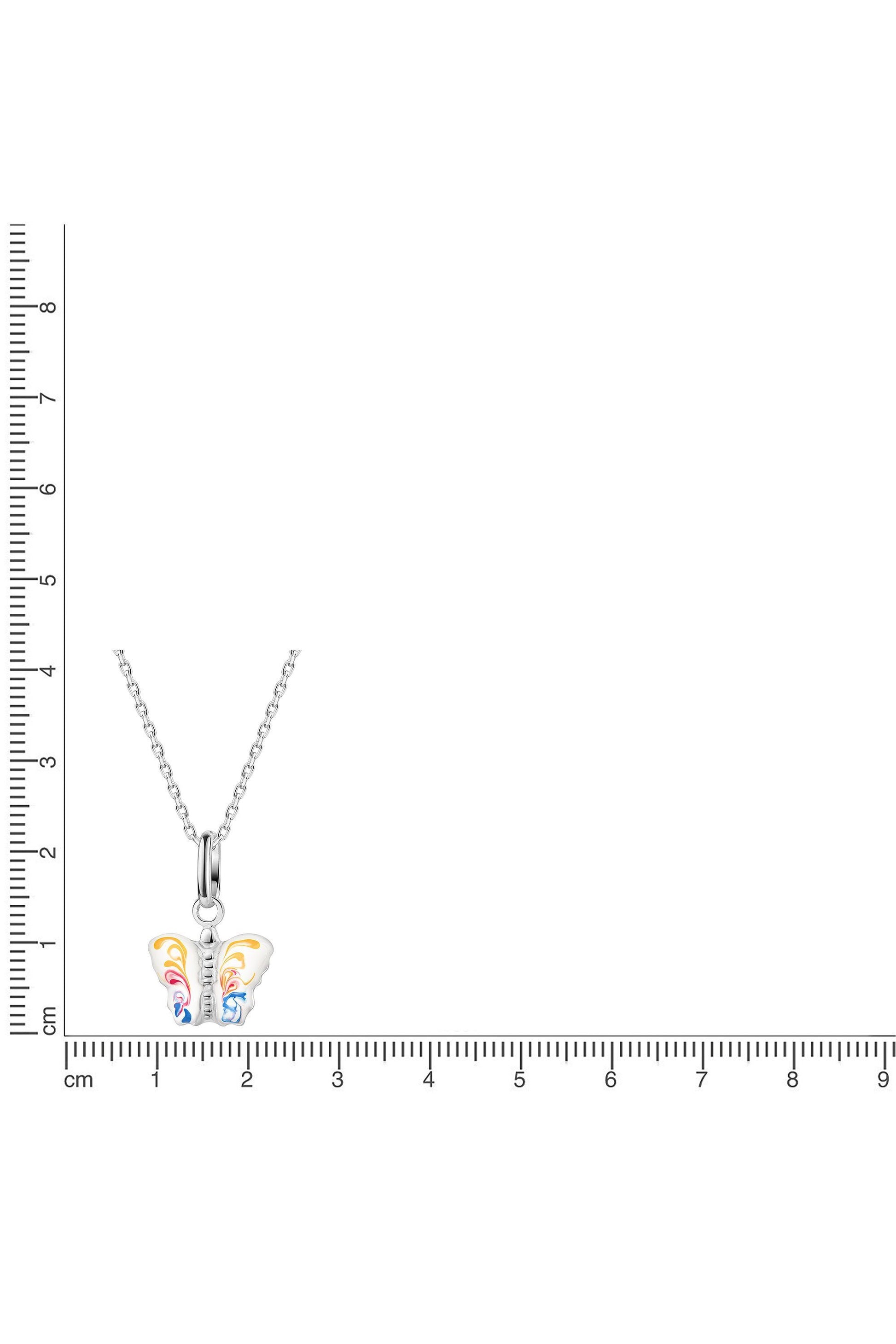 Silberne Scout Kette mit buntem Schmetterling Anhänger neben einem Lineal zur Größendarstellung