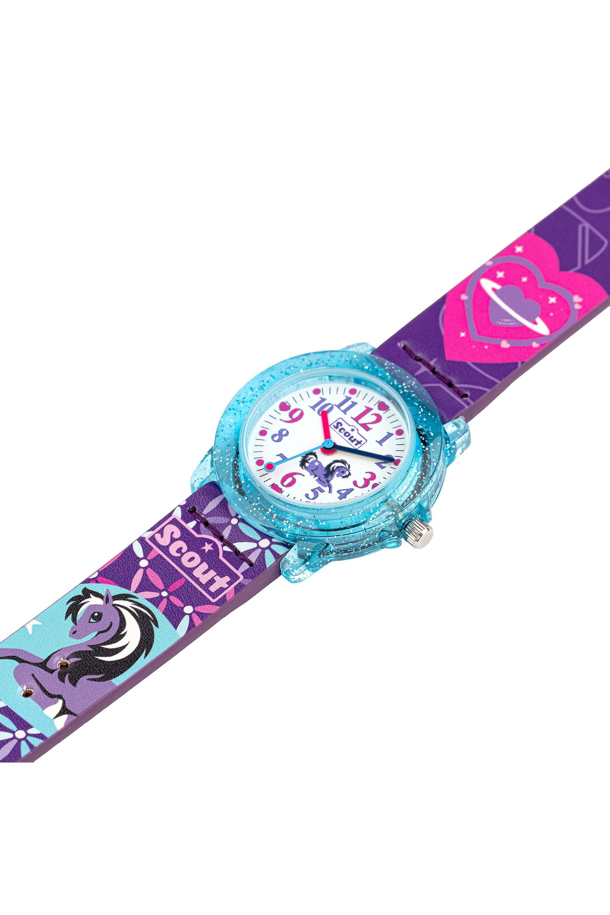 Detailansicht der Scout Kinderuhr mit Pferde-Motiven und lila-pinkem Band