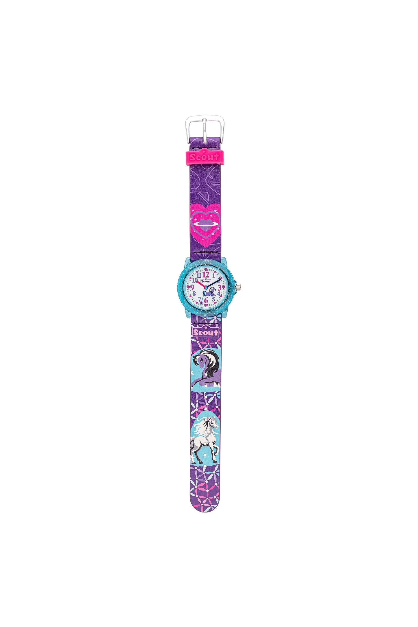 Analoge Scout Kinderuhr mit Pferde-Motiven und lila-pinkem Kunstlederarmband