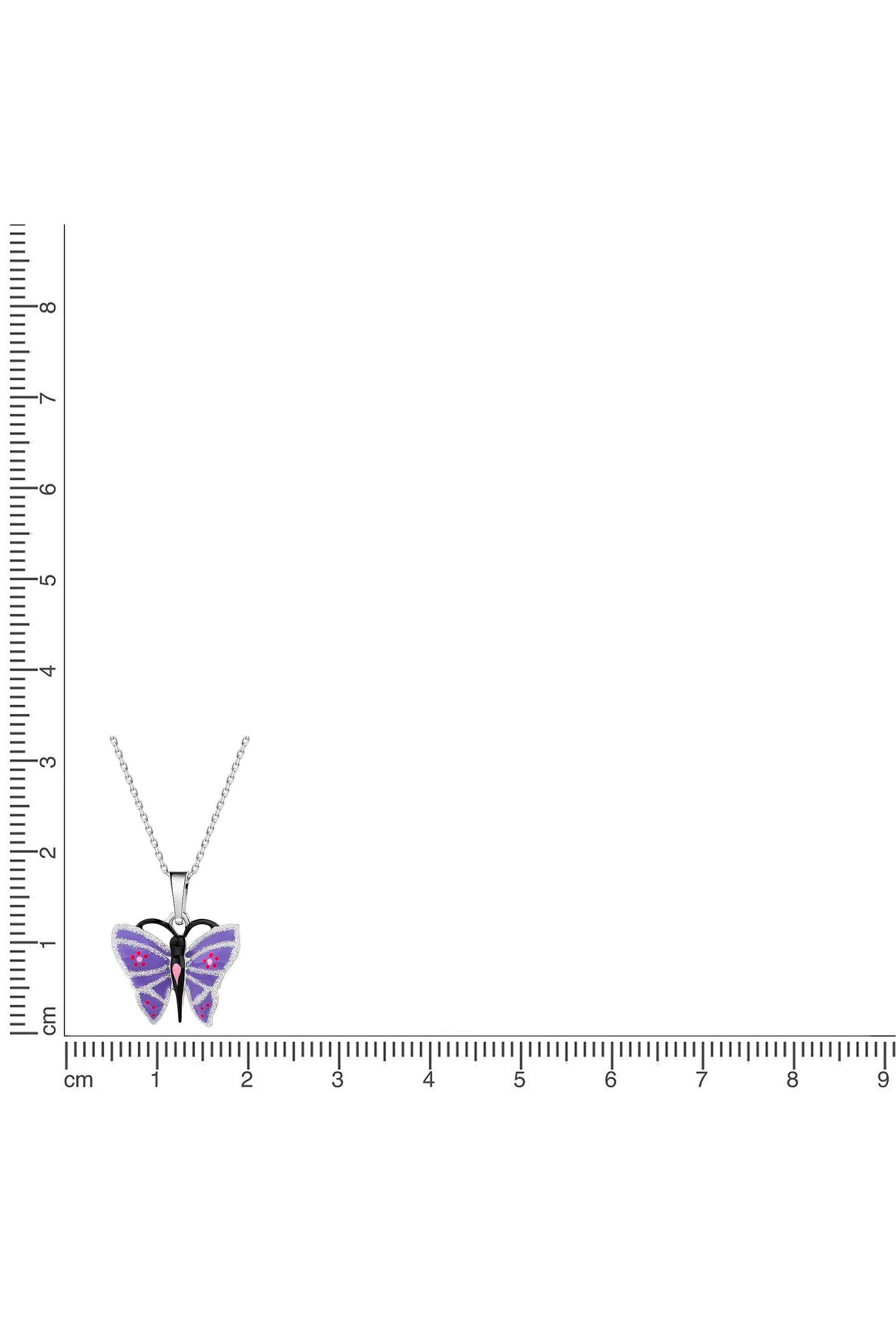 Silberne Scout Kette mit Schmetterling Anhänger neben einem Lineal zur Größendarstellung