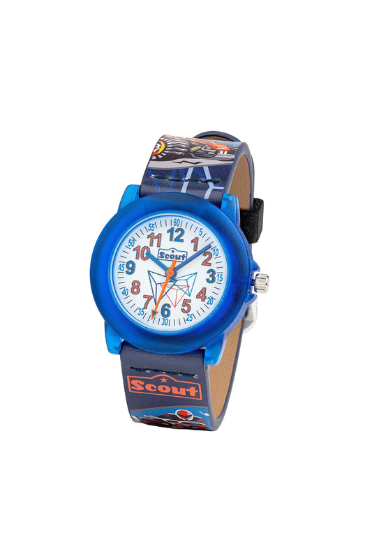 Scout Kinderuhr analog aus der Serie "Crystal" mit blau rotem Kunstlederband, Quad-Motiven und Quarzwerk
