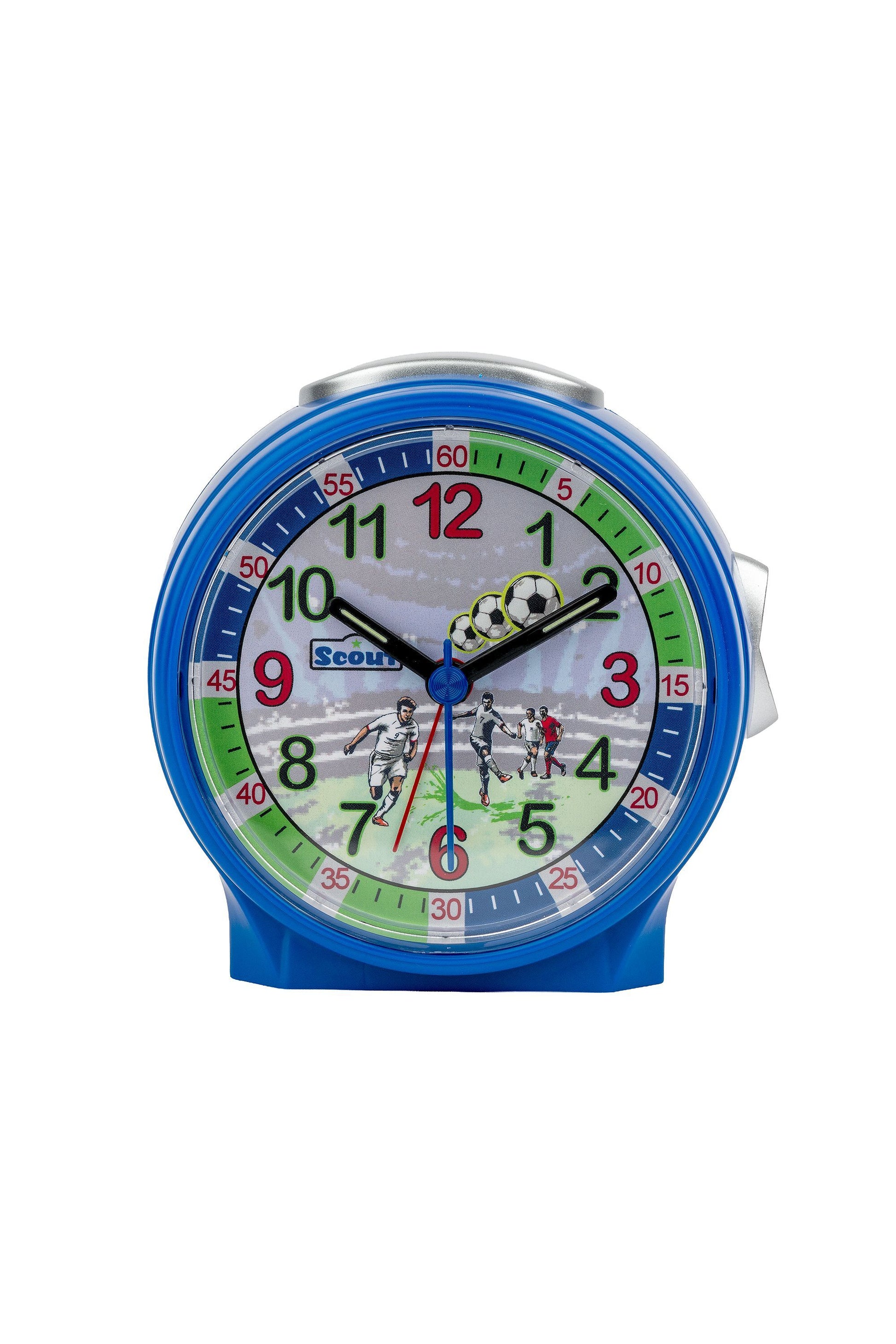 Scout Wecker analog mit blauem Gehäuse, buntem Lernziffernblatt und Fußball-Motiven