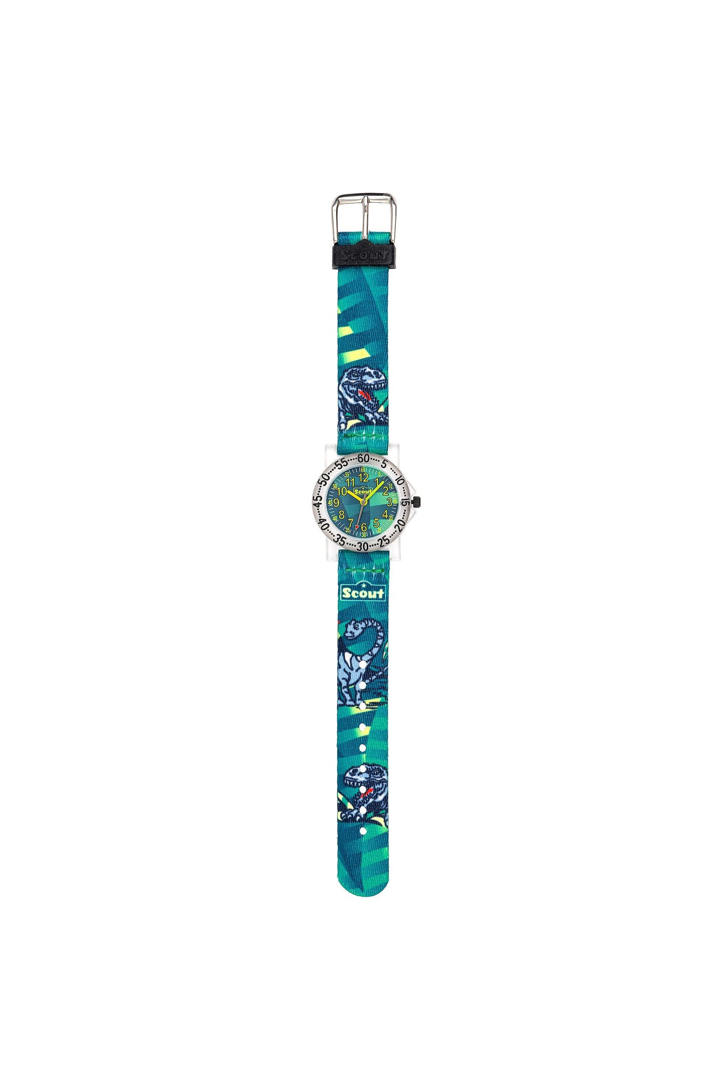 Analoge Scout Kinderuhr mit Dino-Motiven und grünem Kunstlederarmband