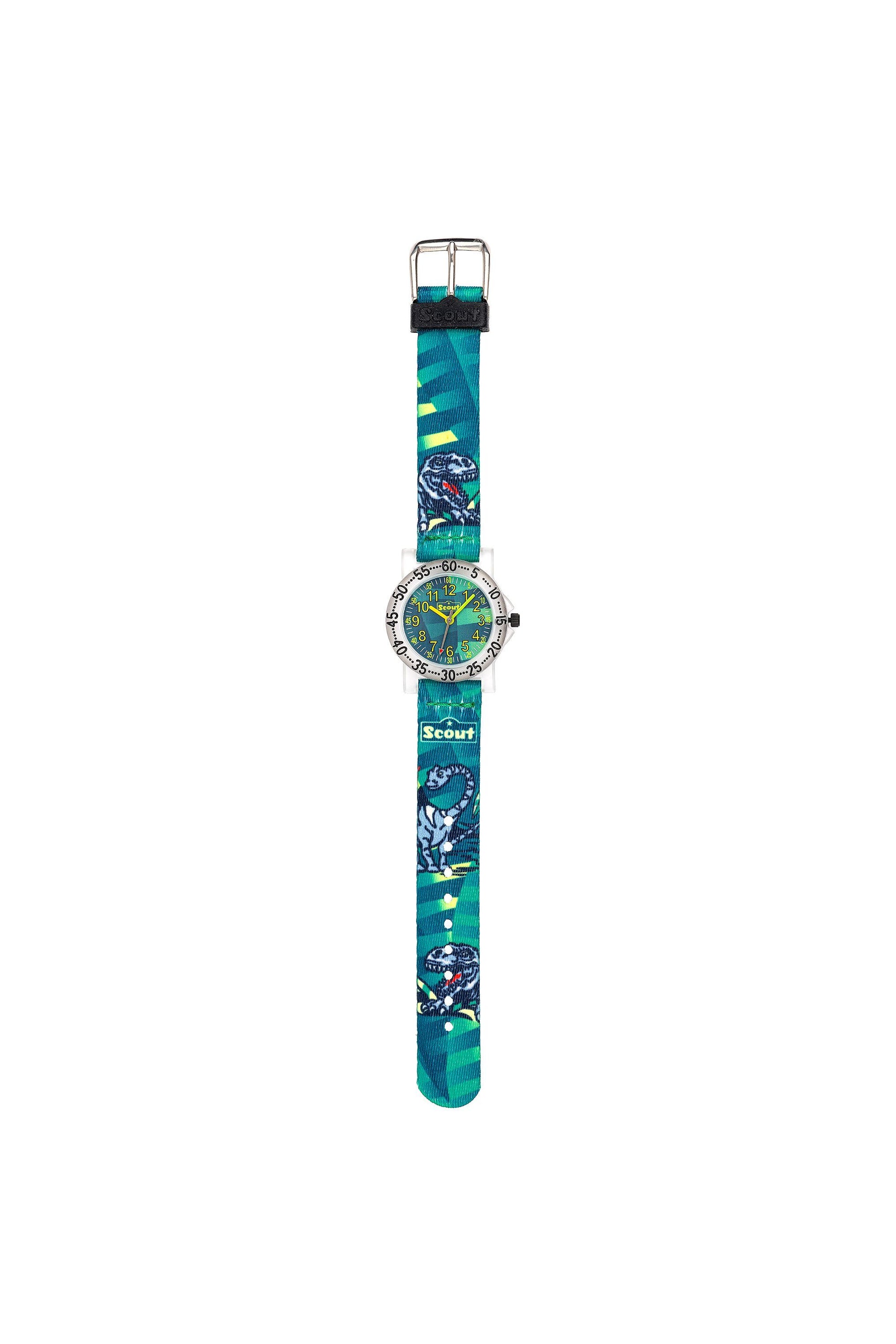 Analoge Scout Kinderuhr mit Dino-Motiven und grünem Kunstlederarmband
