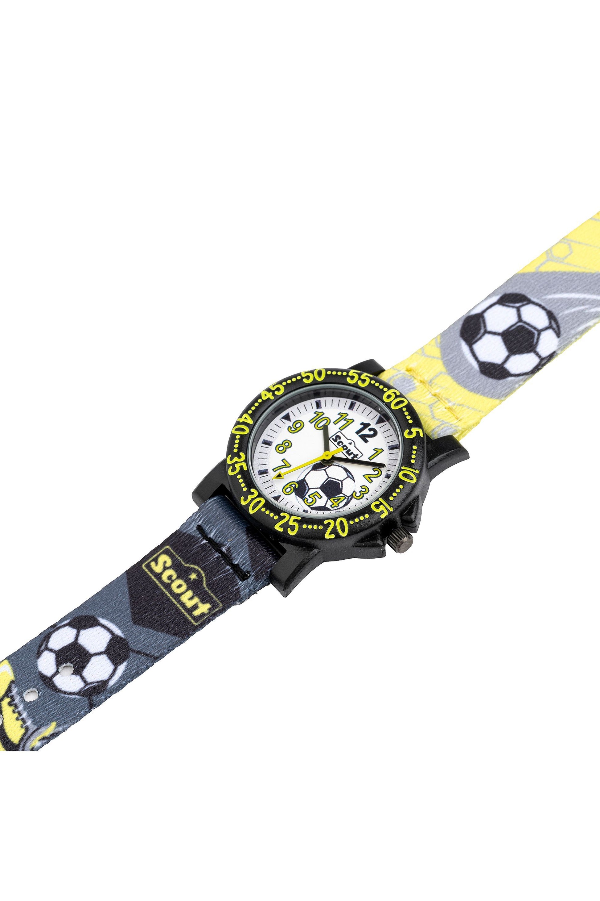 Analoge Scout Kinderuhr mit Fußball-Motiven und gelb-grünem Armband