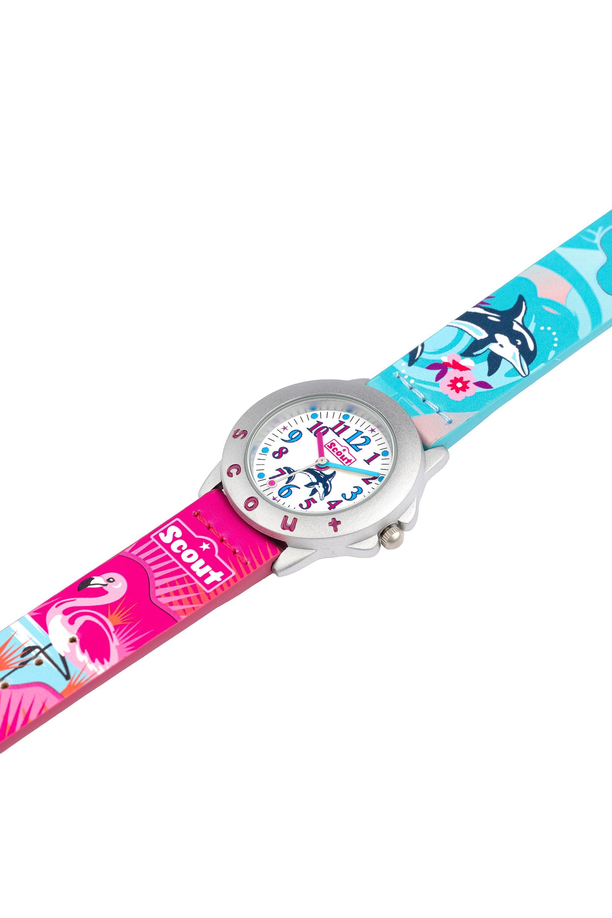 Analoge Scout Kinderuhr mit Wal- und Flamingo-Motiv in Türkis und Pink