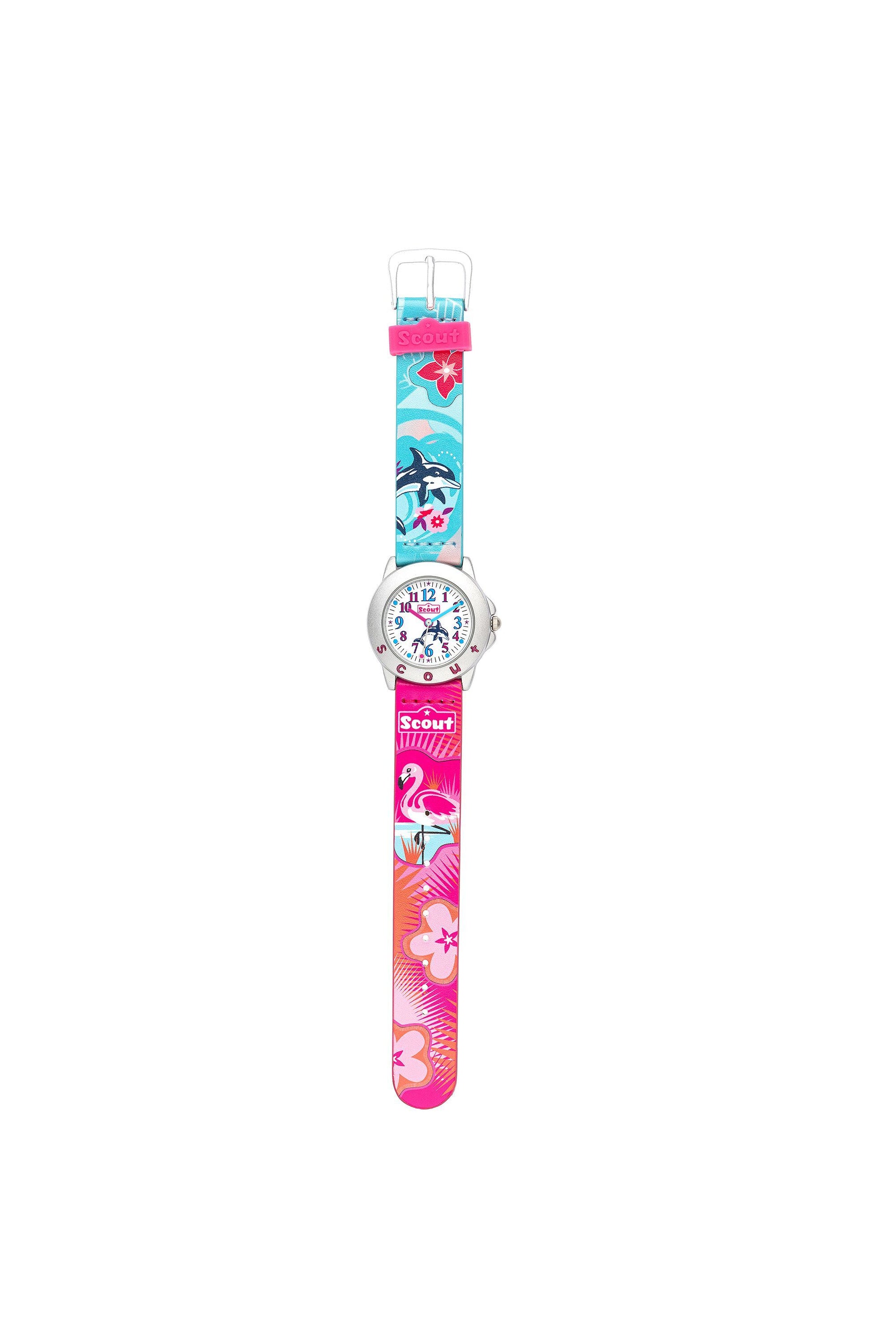 Detailansicht der Scout Kinderuhr mit Wal- und Flamingo-Design