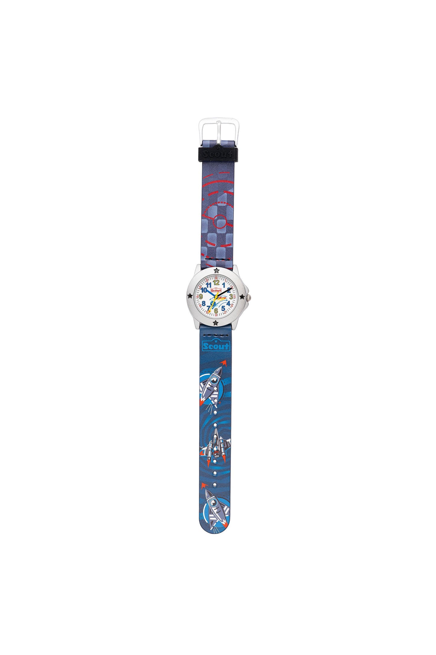 Analoge Scout Kinderuhr mit Weltraum-Motiven und blauem Armband