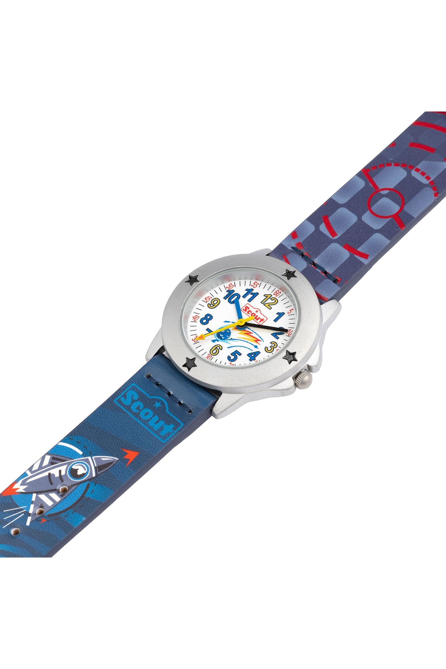 Detailansicht der Scout Kinderuhr mit Weltraum-Motiven und Kunstlederband