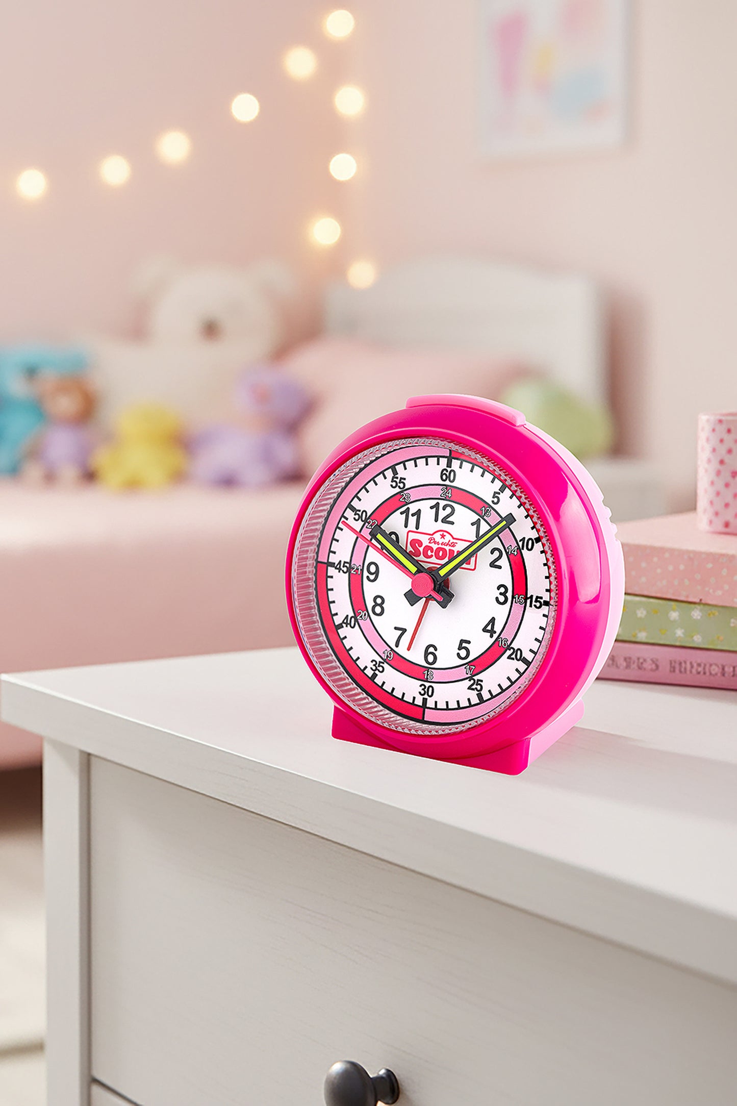 Scout Wecker analog mit pinkem Gehäuse und pinkem Lernzifferblatt für Kinder