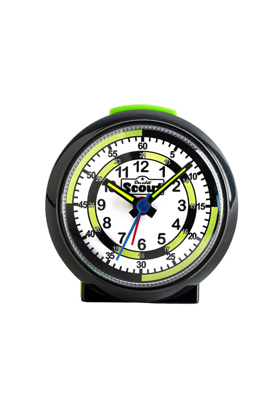 Scout Wecker analog mit schwarz grünem Gehäuse und Lernzifferblatt für Kinder