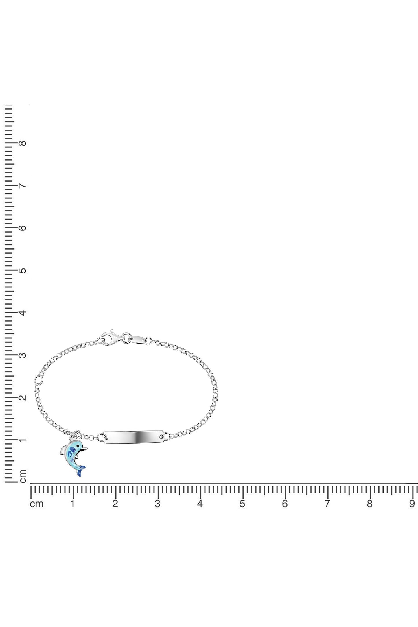 Kinder Armband mit Delfin Motiv in Blau von Scout aus 925 Sterling Silber neben einem Lineal zur Größendarstellung