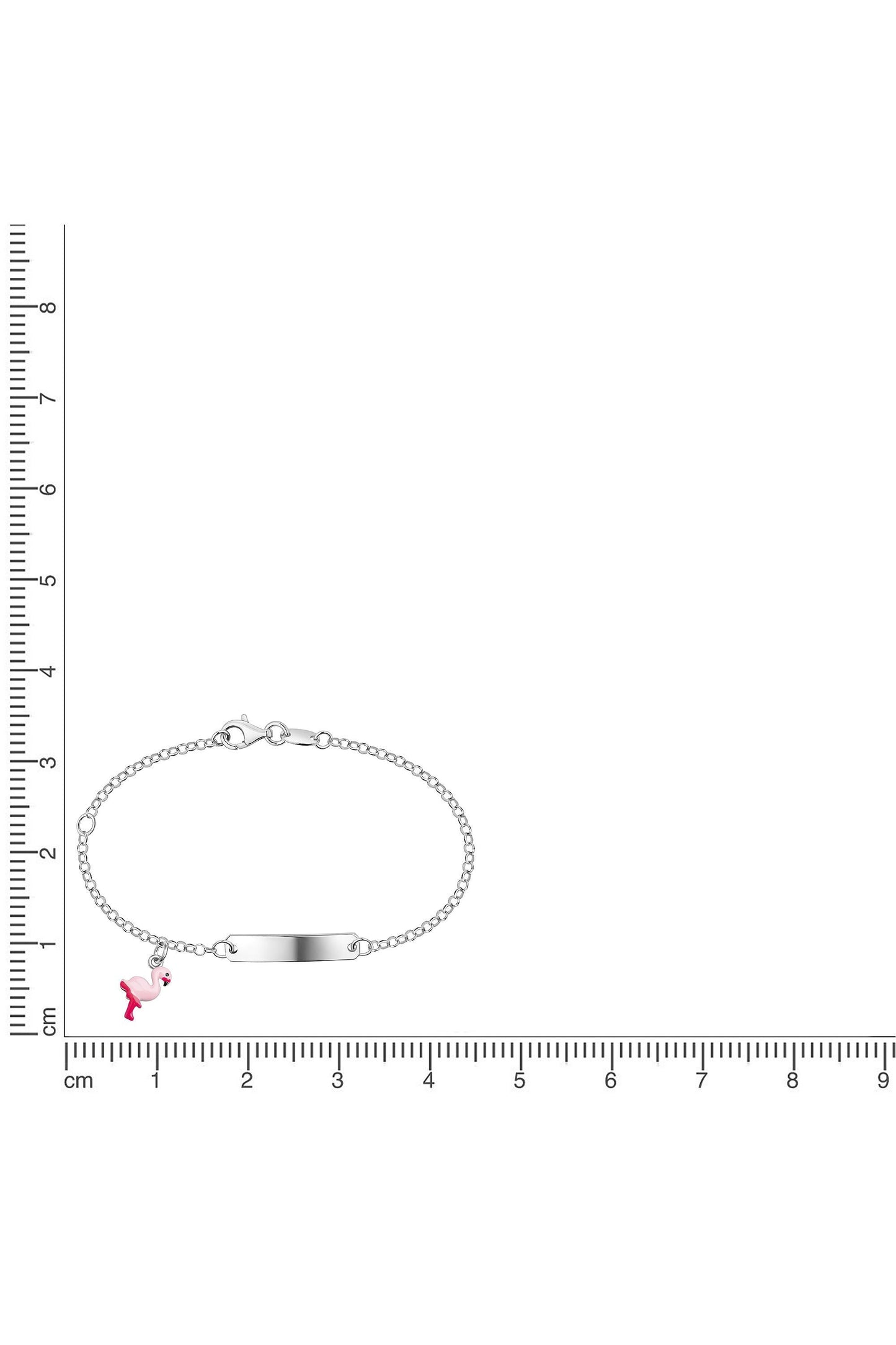 Silbernes Scout Armband mit pinkem Flamingo neben einem Lineal zur Größendarstellung
