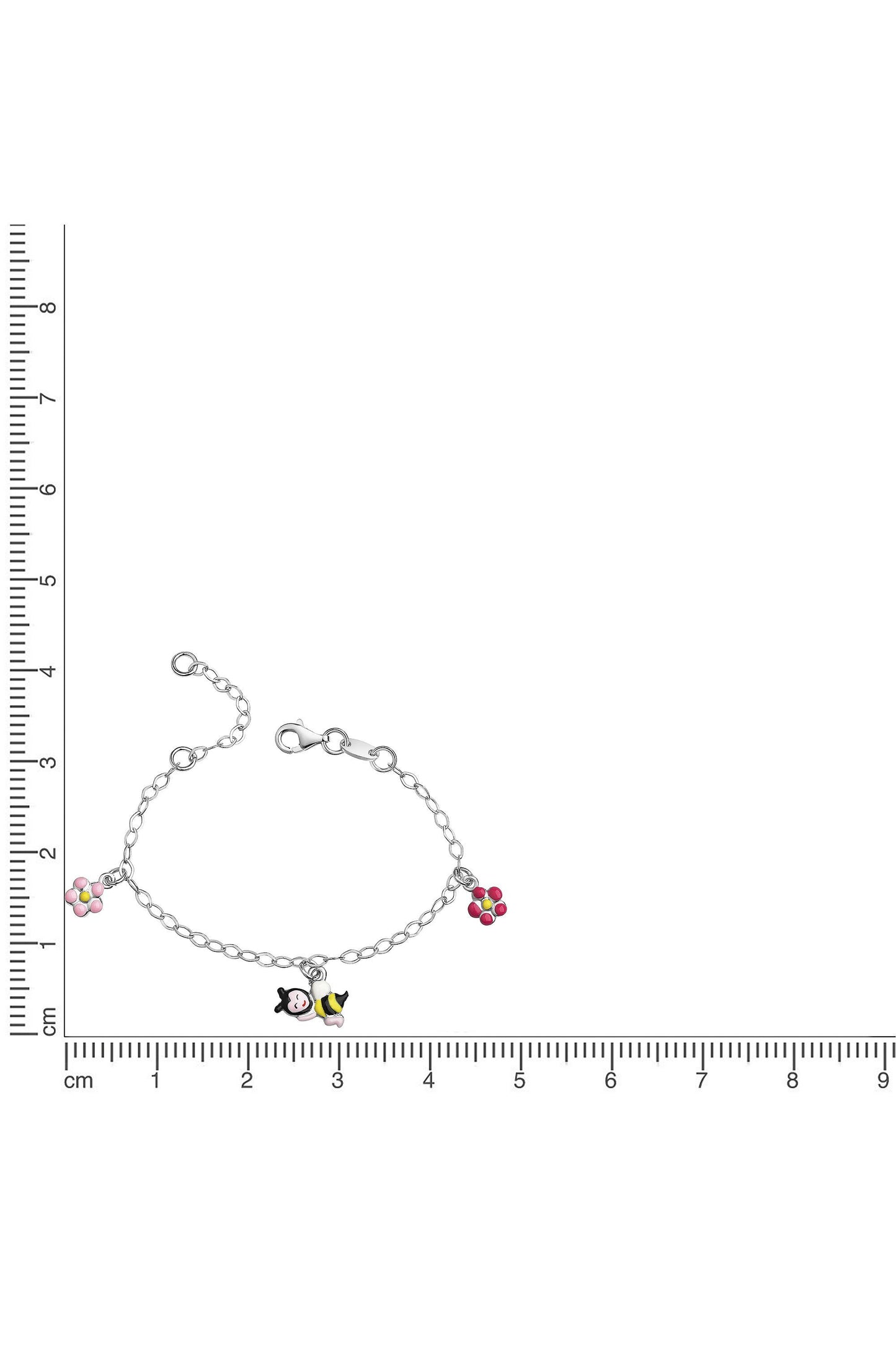 Silbernes Scout Armband mit Blume und Biene neben einem Lineal zur Größendarstellung