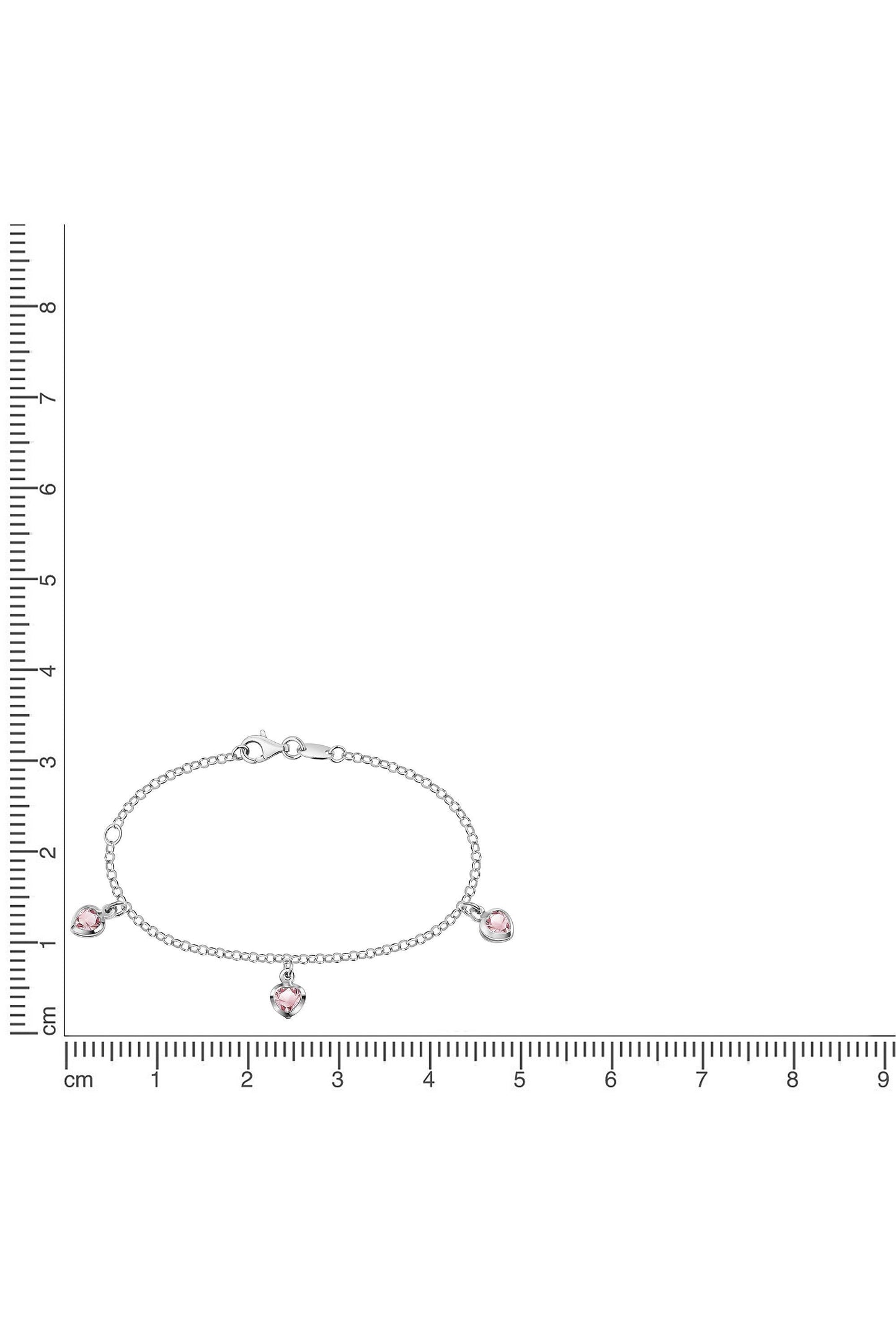 Silbernes Scout Armband mit Herz und rosa Zirkonia neben einem Lineal zur Größendarstellung