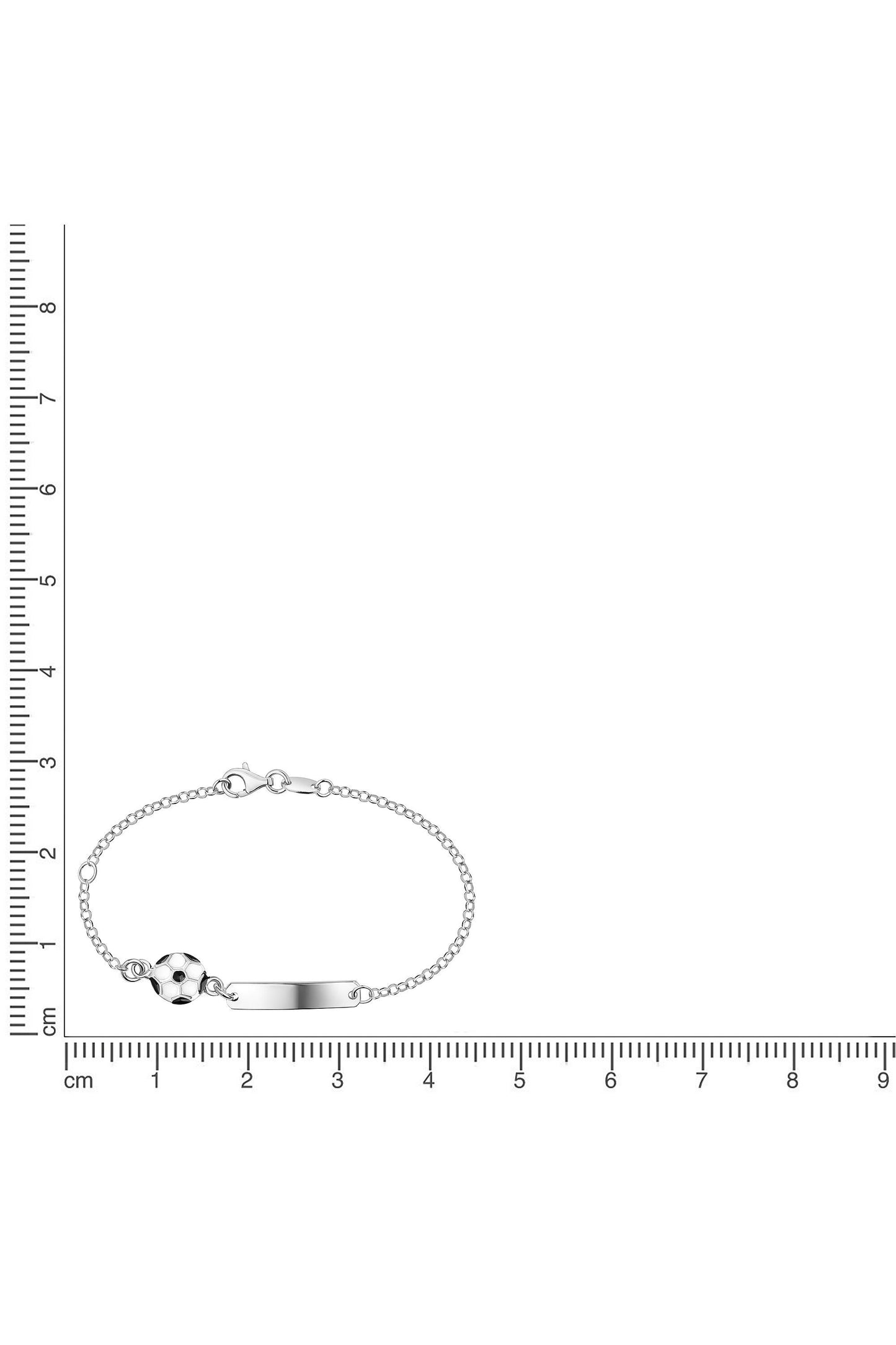 Silbernes Scout Armband mit Fußball Motiv neben einem Lineal zur Größendarstellung