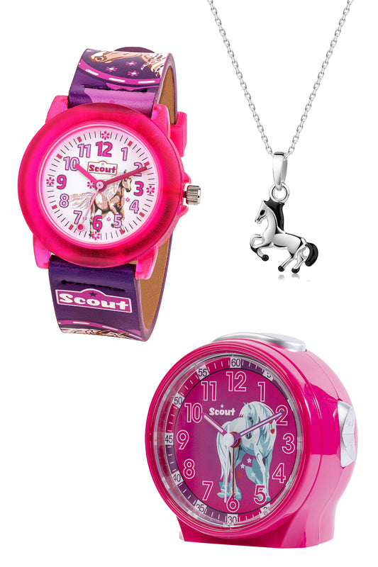 Scout Aktionsset für Mädchen mit rosa Wecker, Armbanduhr und Halskette mit Pferd- und Einhorn-Motiv