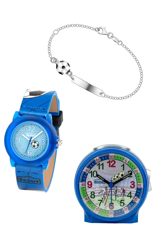 Scout Aktionsset für Jungen mit blauem Wecker, Armbanduhr und Armband im Fußball-Design