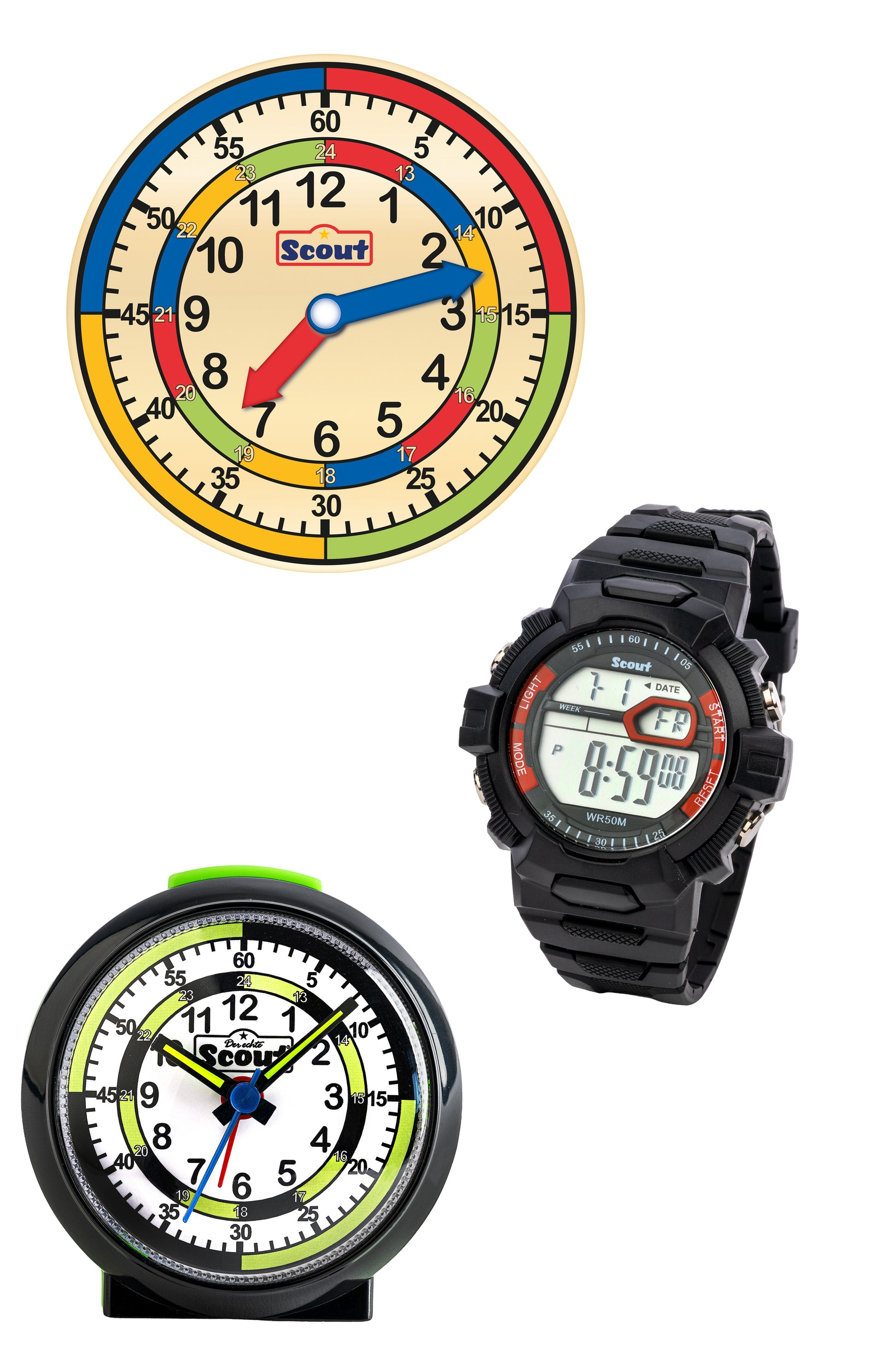 Scout Aktionsset mit Wecker, Armbanduhr und Lernuhr für Jungen und Mädchen