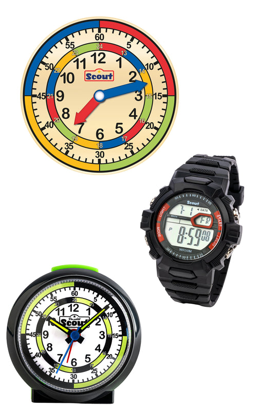 Scout Aktionsset mit Wecker, Armbanduhr und Lernuhr für Jungen und Mädchen