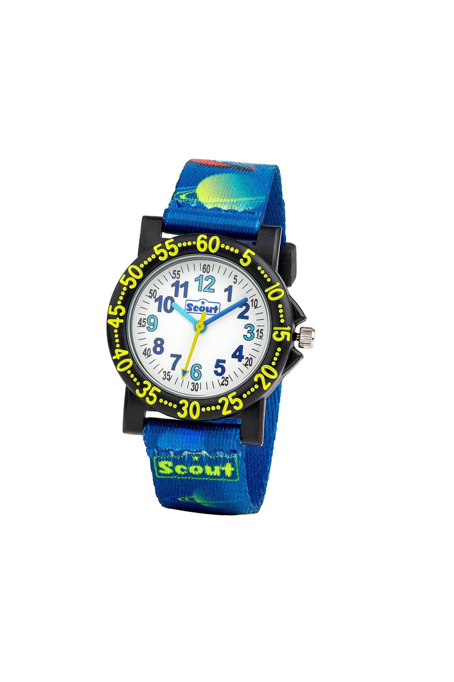 Scout Kinderuhr analog aus der Serie "The IT Collection" mit blauem Textilband, Weltraum-Motiven und Quarzwerk